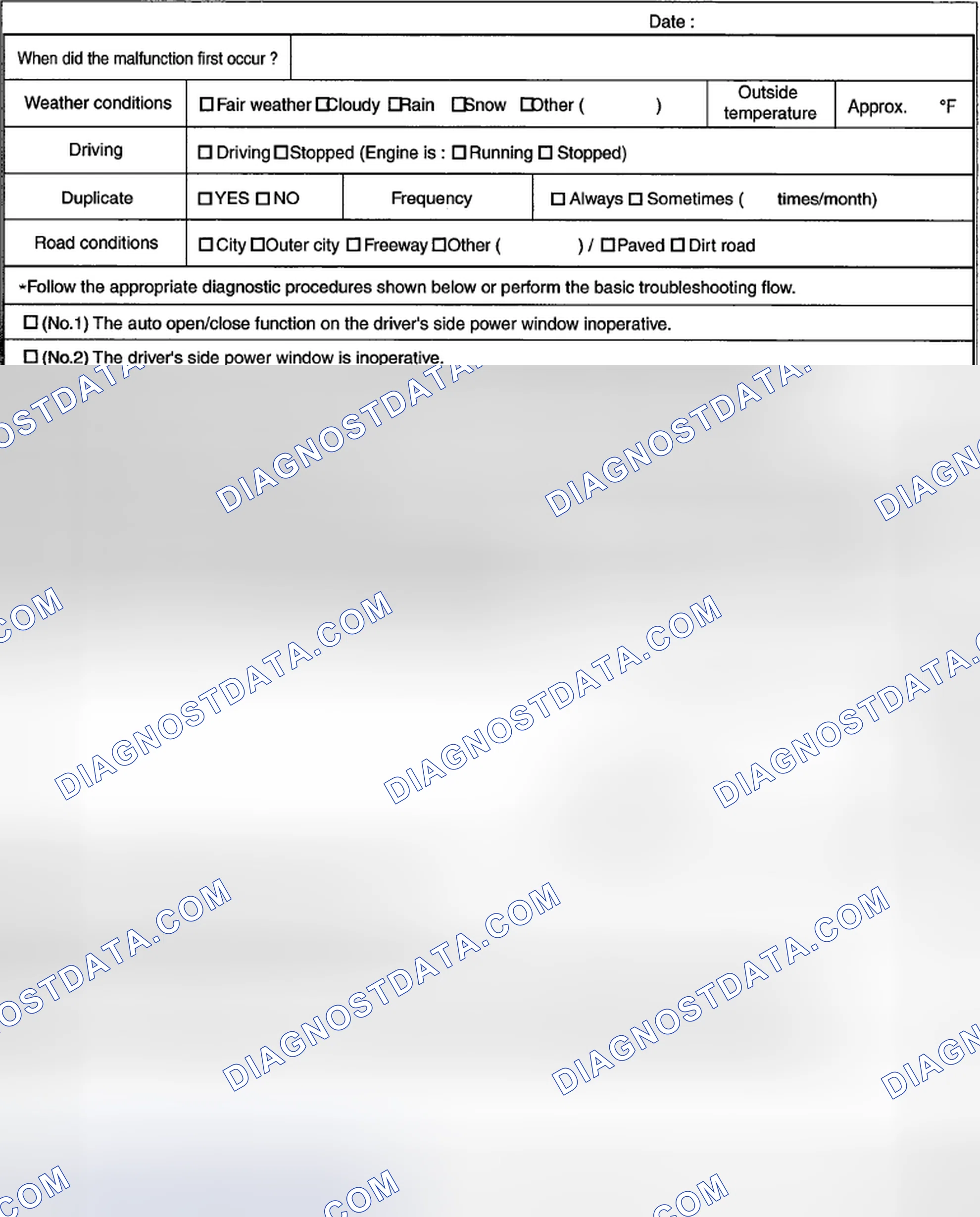 Scheme 14: POWER WINDOW SYSTEM TROUBLESHOOTING QUESTIONNAIRE [POWER WINDOW SYSTEMS (WITHOUT EXTERIOR OPEN FUNCT