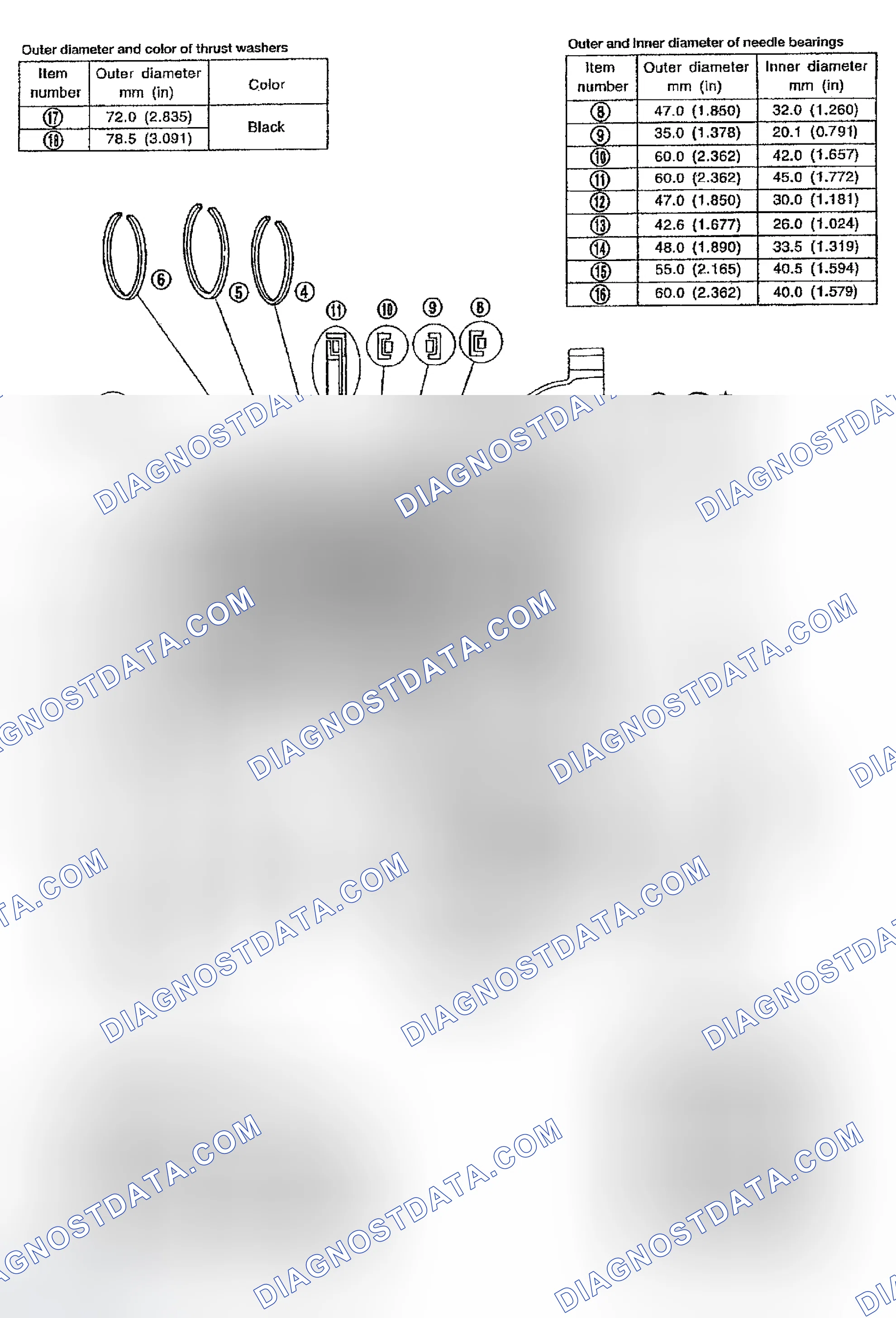 Scheme 375: Locations of Adjusting Shims, Needle Bearings, Thrust Washers and Snap Rings