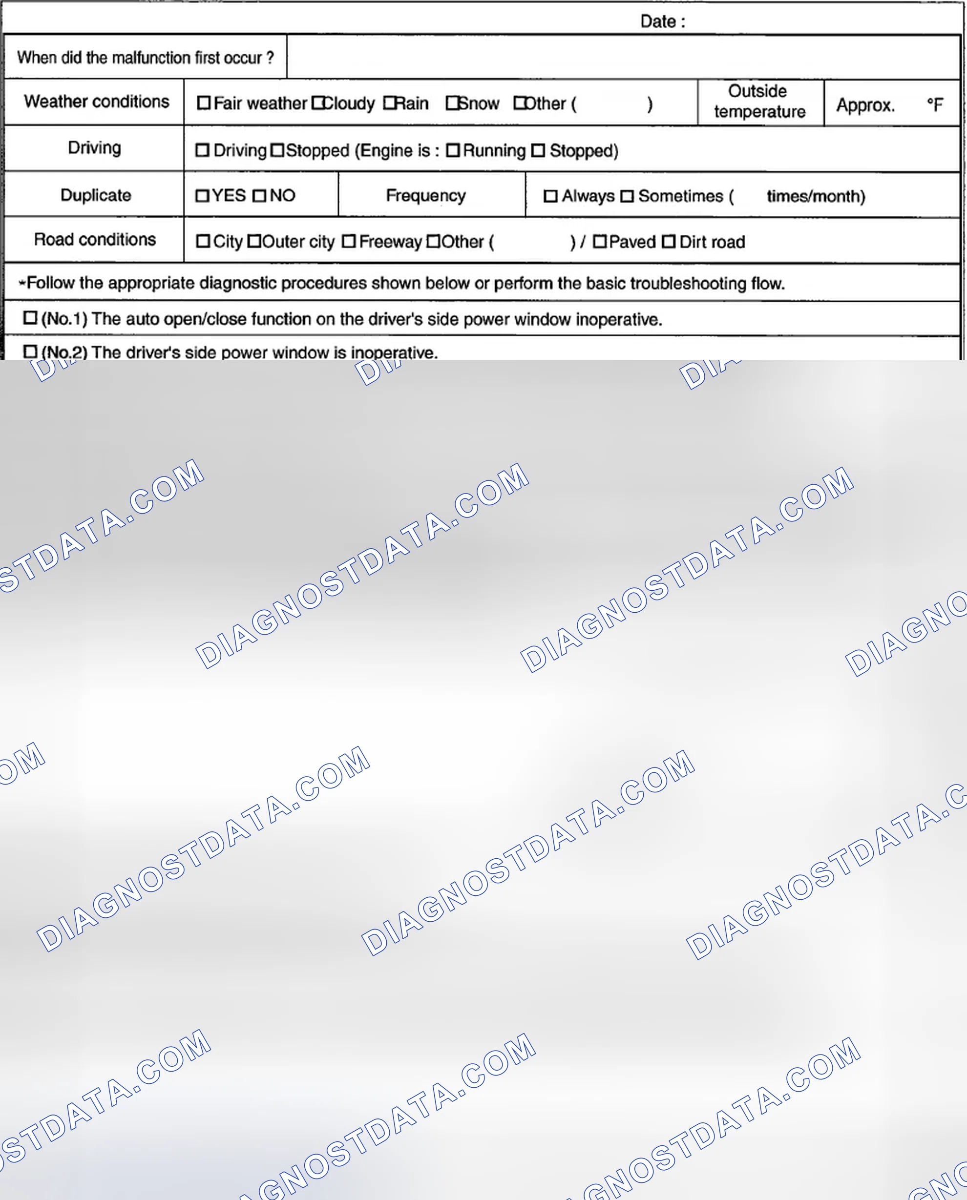 Scheme 14: POWER WINDOW SYSTEM TROUBLESHOOTING QUESTIONNAIRE [POWER WINDOW SYSTEMS (WITHOUT EXTERIOR OPEN FUNCT