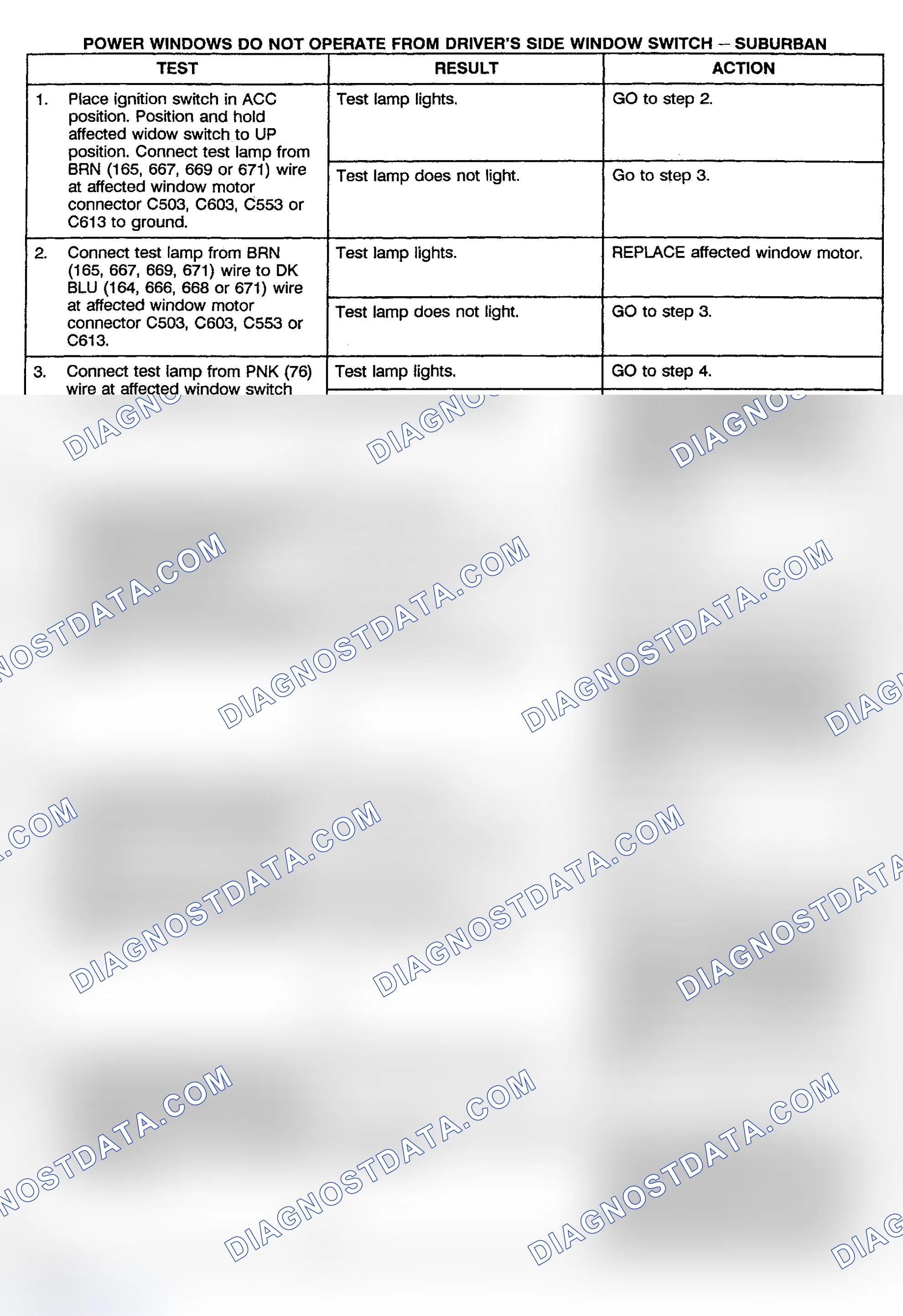 Scheme 16: TEST E: POWER WINDOW DO NOT OPERATE FROM DRIVER'S SIDE WINDOW SWITCH - SUBURBAN, CREW CAB & UTILITY