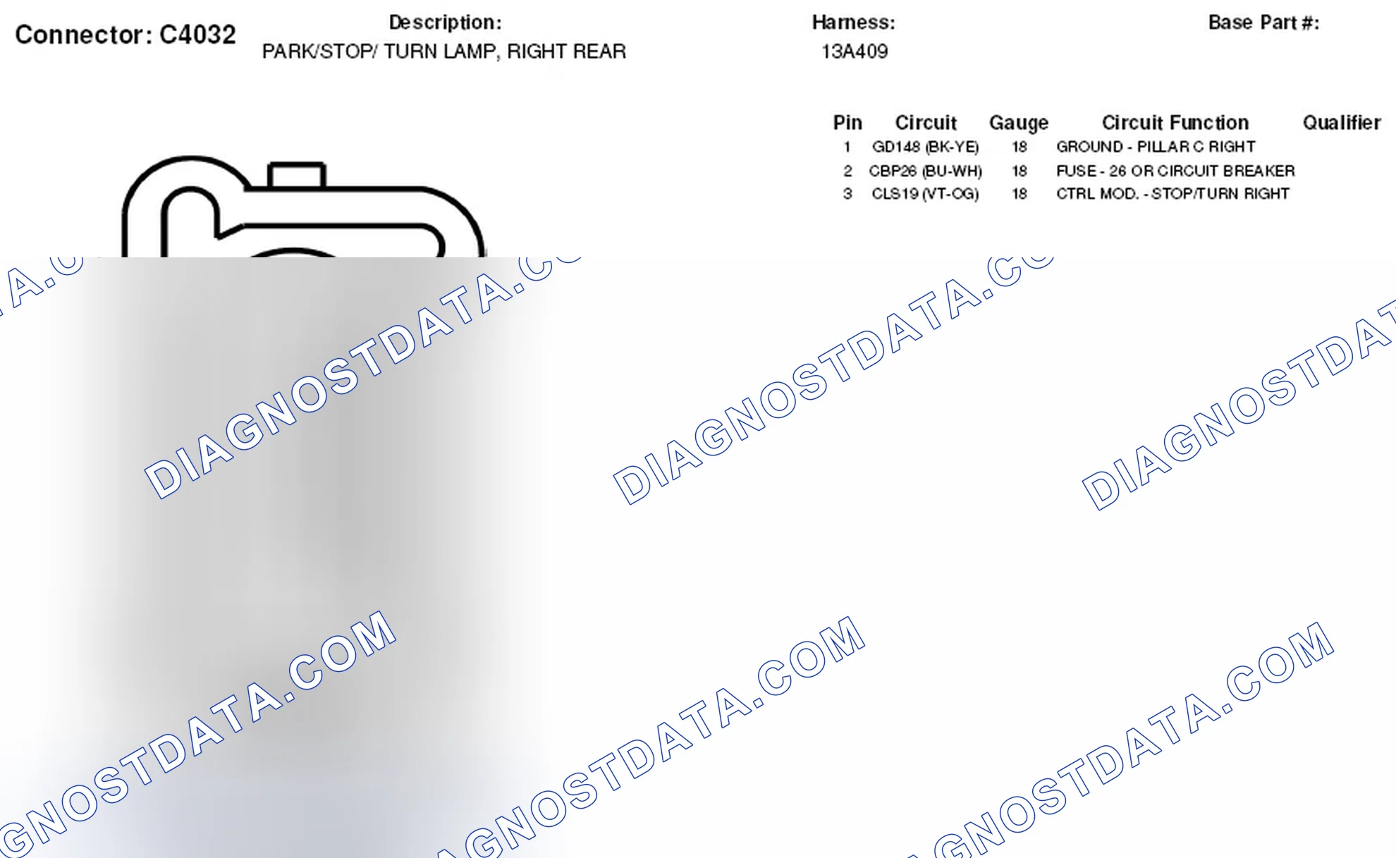 Scheme 375: Right Rear Park Lamp / Stop Lamp / Turn Lamp Connector End View (C4032)