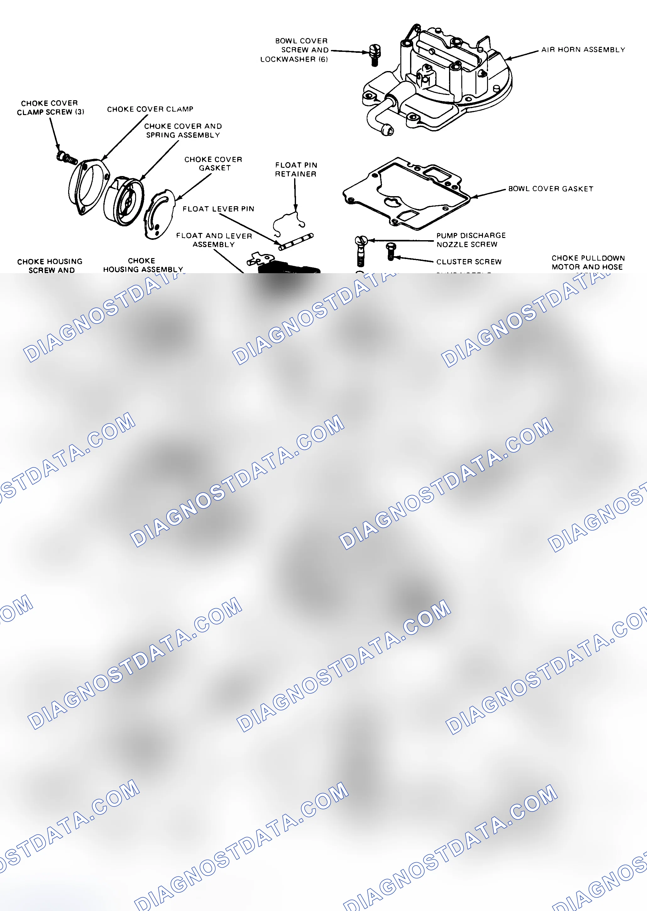 Scheme 8: Exploded View of Motorcraft Model 2150A 2-Barrel Carburetor Duty cycle solenoid is used in place of altitude compensator on feedback models.