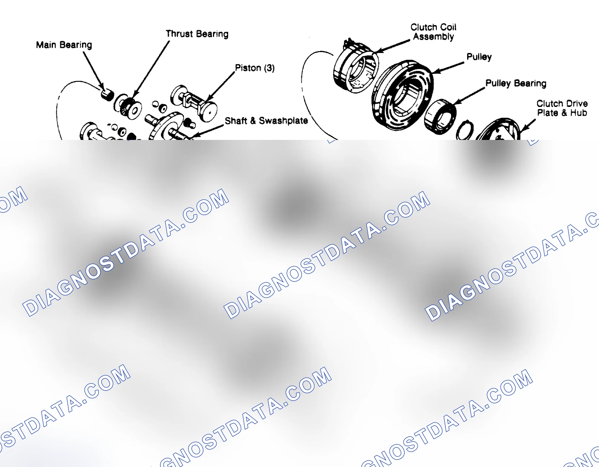 Scheme 64: Exploded View of General Motors DA-6 6-Cylinder Compressor (Components of center cylinder and piston assembly are non-serviceable, and must be replaced as an assembly.)