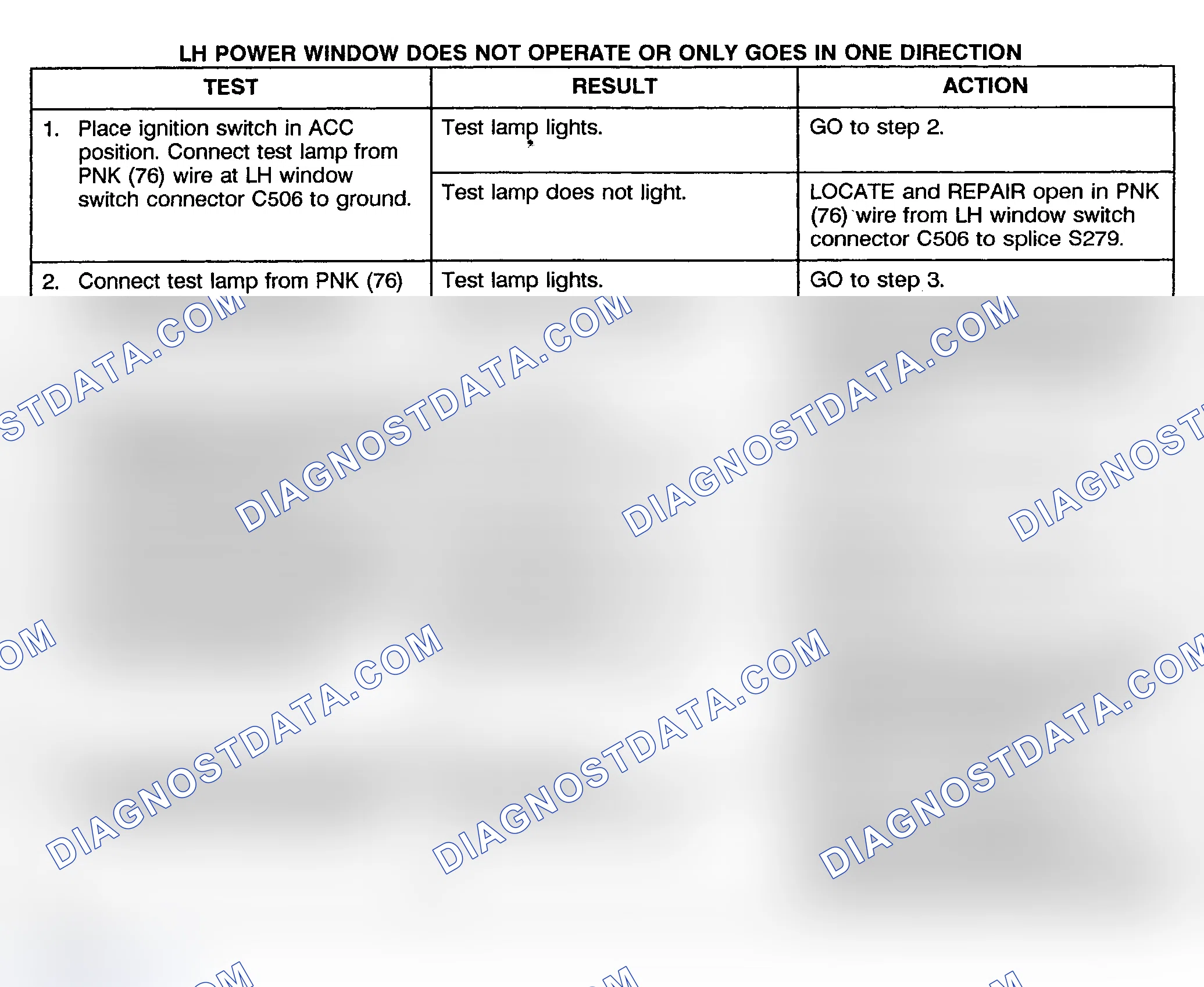 Scheme 12: TEST B: POWER WINDOW LEFT DOSE NOT OPERATE OR ONLY GOES IN ONE DIRECTION - PICKUP