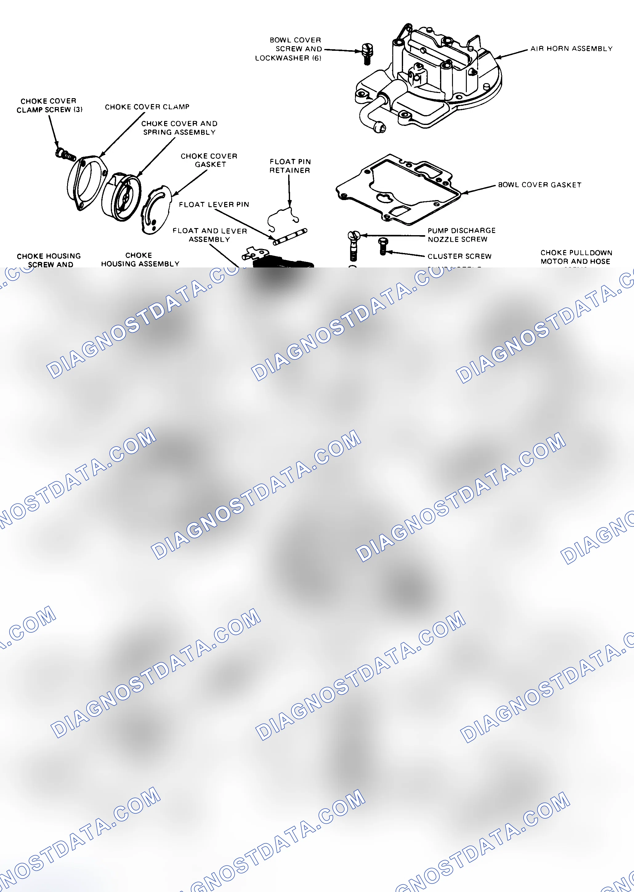 Scheme 16: Exploded View of Motorcraft Model 2150A 2-Barrel Carburetor Duty cycle solenoid is used in place of altitude compensator on feedback models.