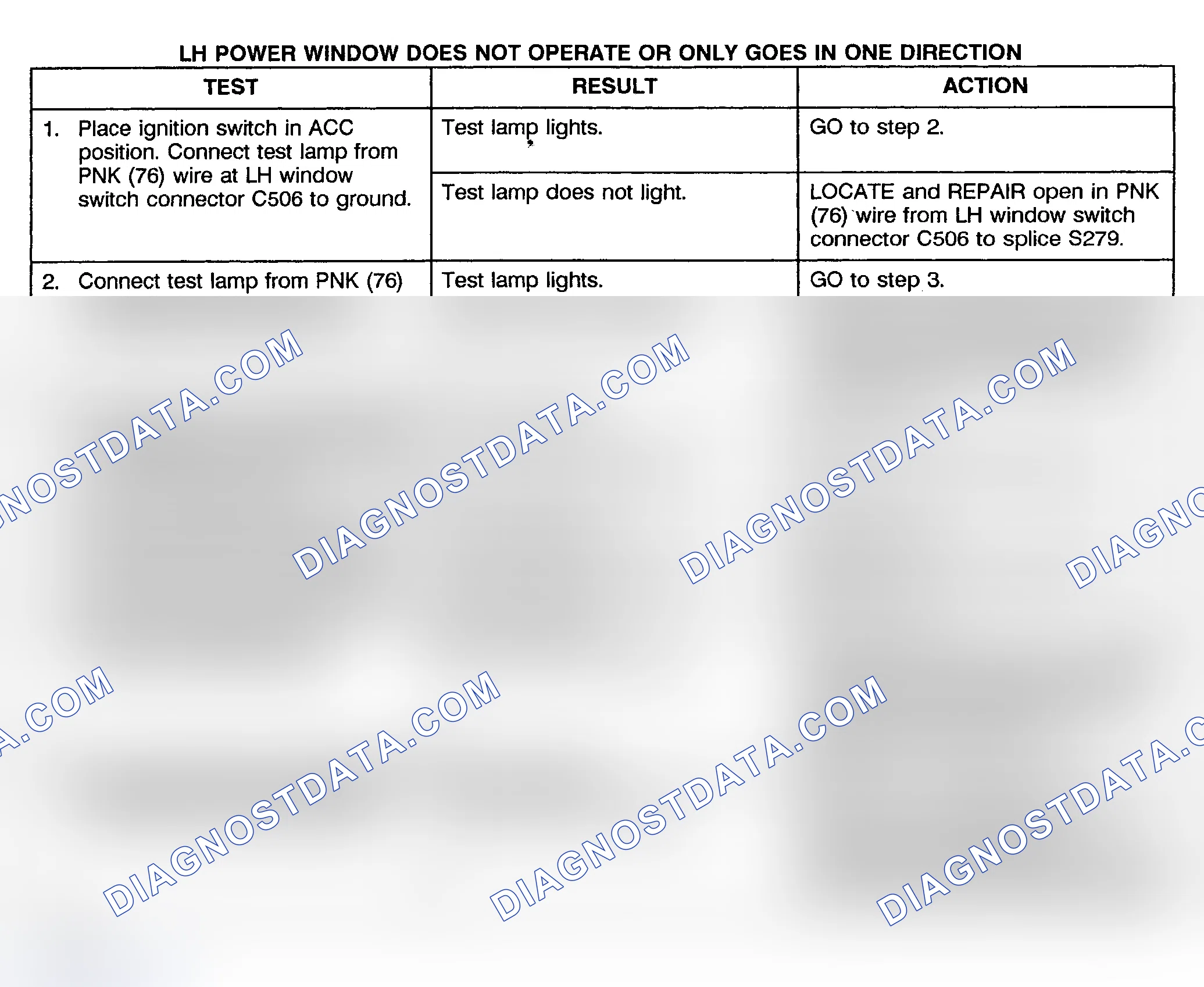 Scheme 12: TEST B: POWER WINDOW LEFT DOSE NOT OPERATE OR ONLY GOES IN ONE DIRECTION - PICKUP