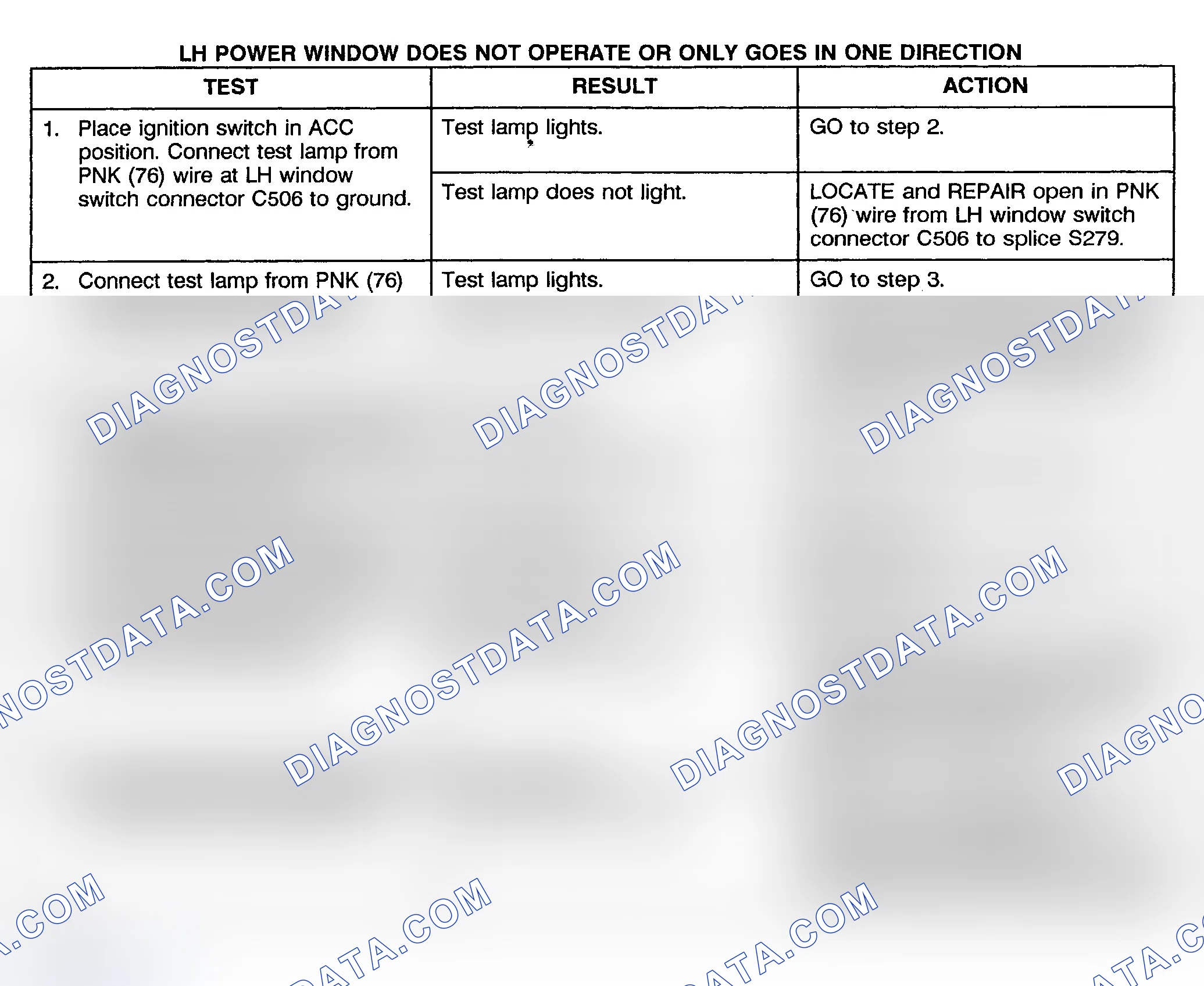 Scheme 12: TEST B: POWER WINDOW LEFT DOSE NOT OPERATE OR ONLY GOES IN ONE DIRECTION - PICKUP