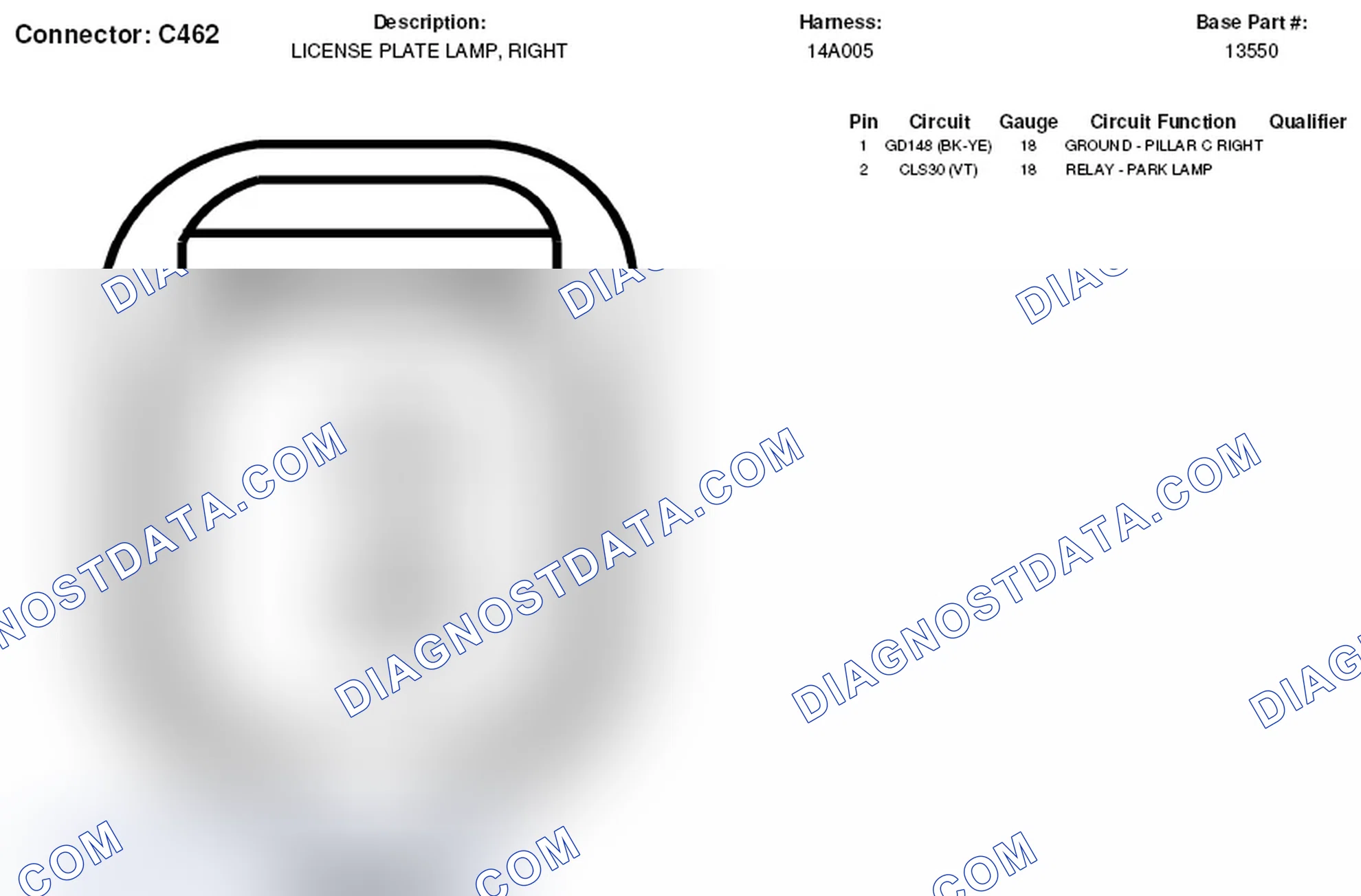 Scheme 130: Right License Plate Lamp Connector End View (C462)