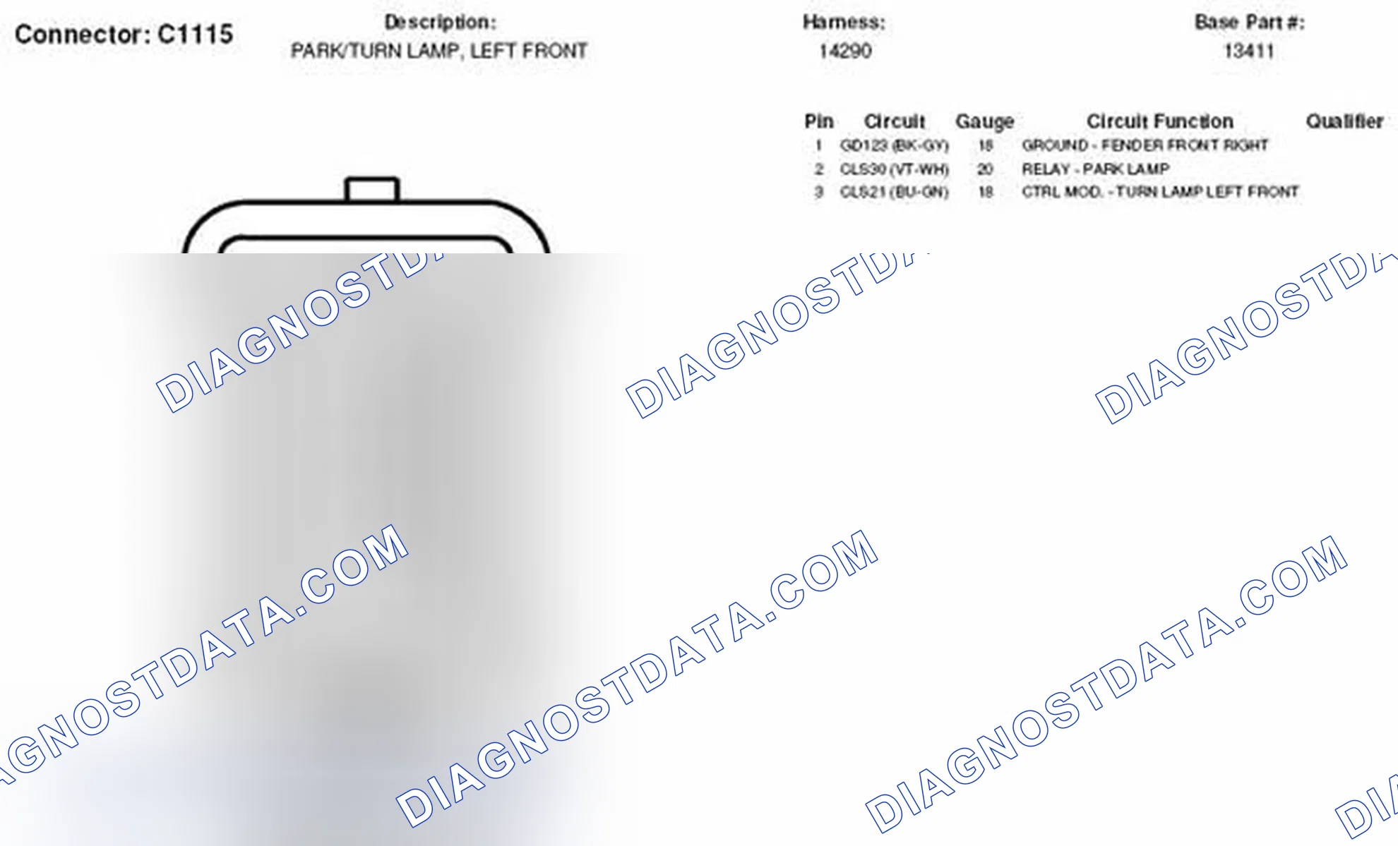 Scheme 205: Left Front Park Lamp / Turn Lamp Connector End View (C1115)