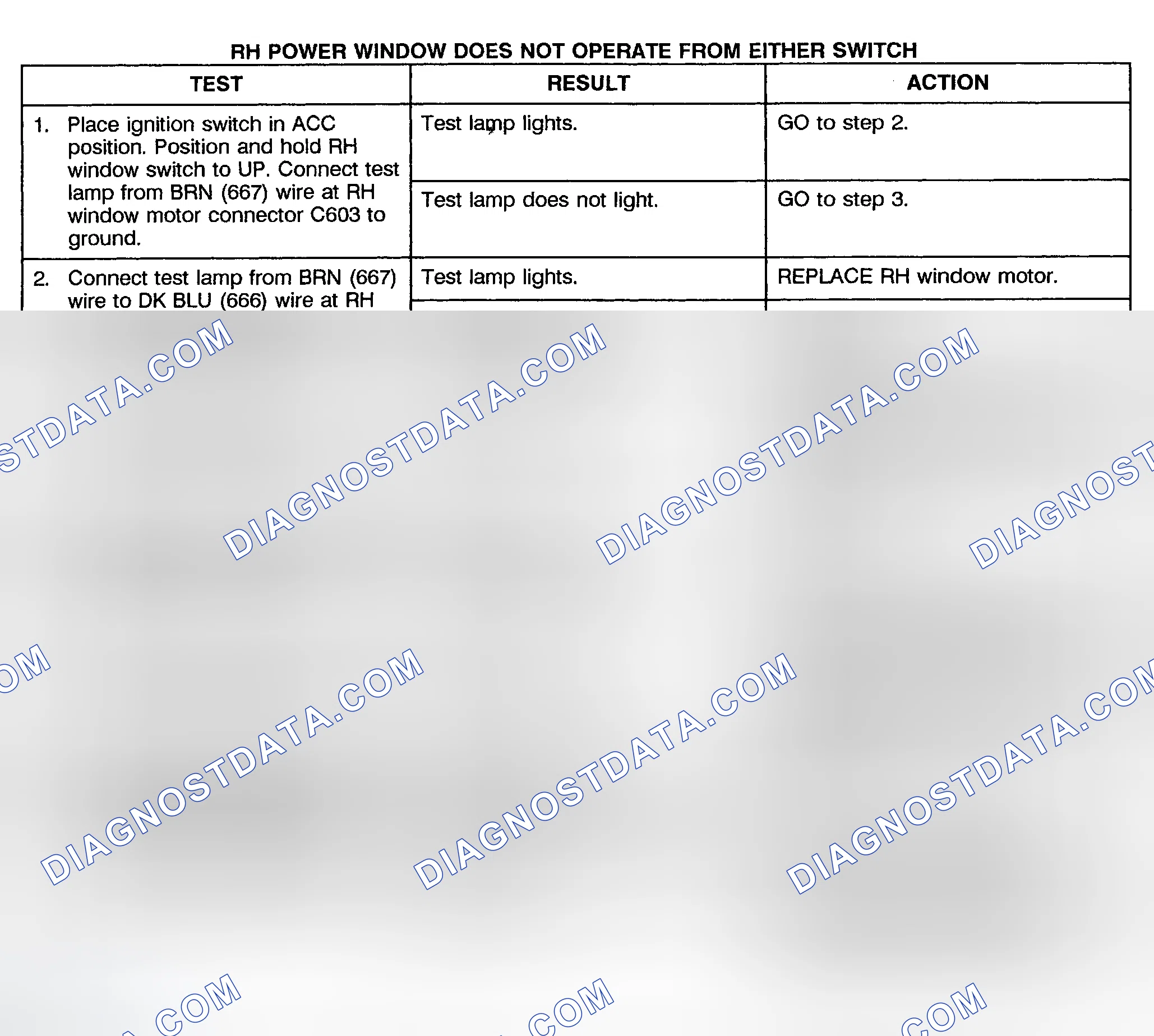 Scheme 4: TEST D: RIGHT POWER WINDOW DOES NOT OPERATE FROM EITHER SWITCH (2-DOOR & EXTENDED CAB)