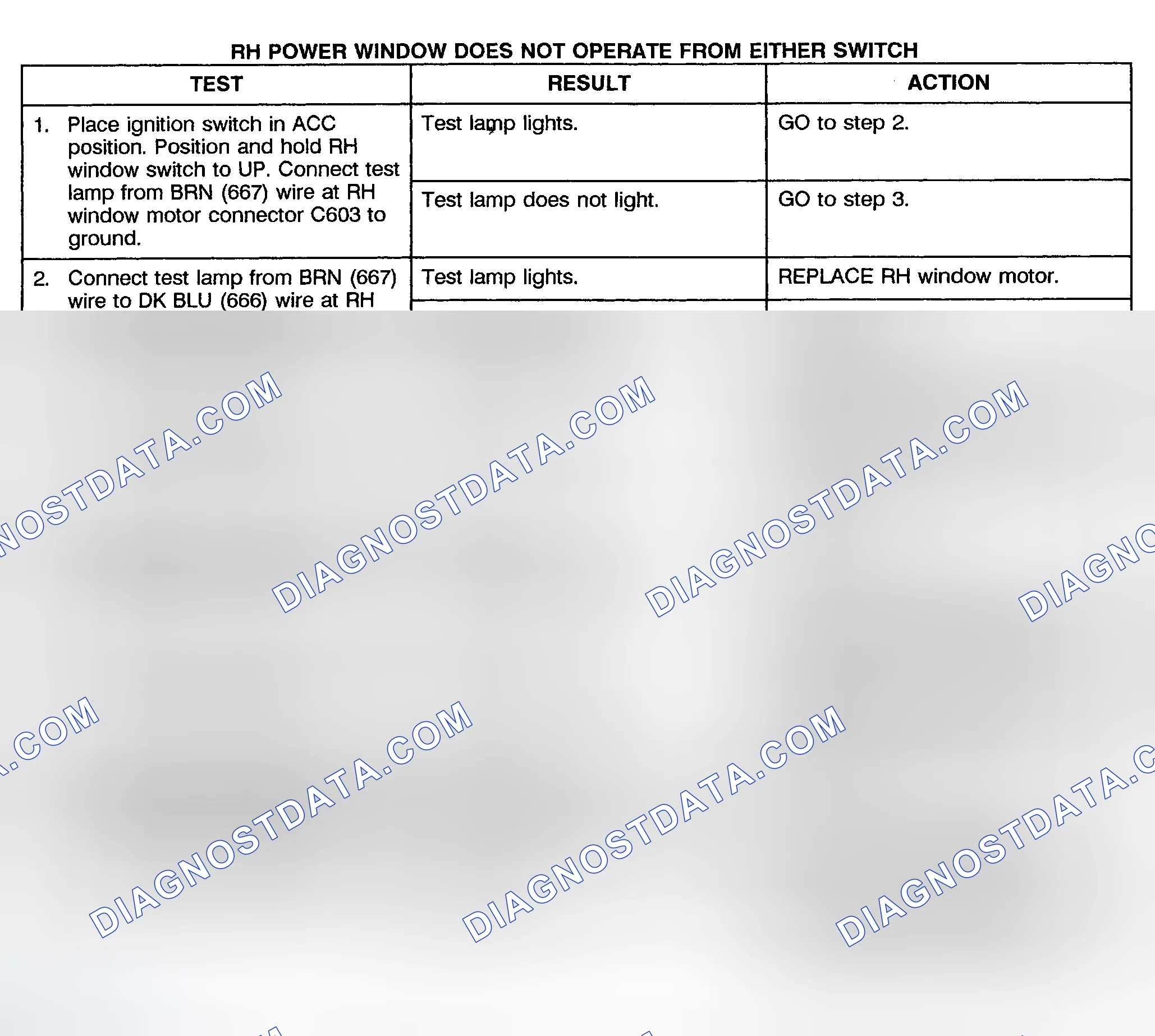 Scheme 4: TEST D: RIGHT POWER WINDOW DOES NOT OPERATE FROM EITHER SWITCH (2-DOOR & EXTENDED CAB)