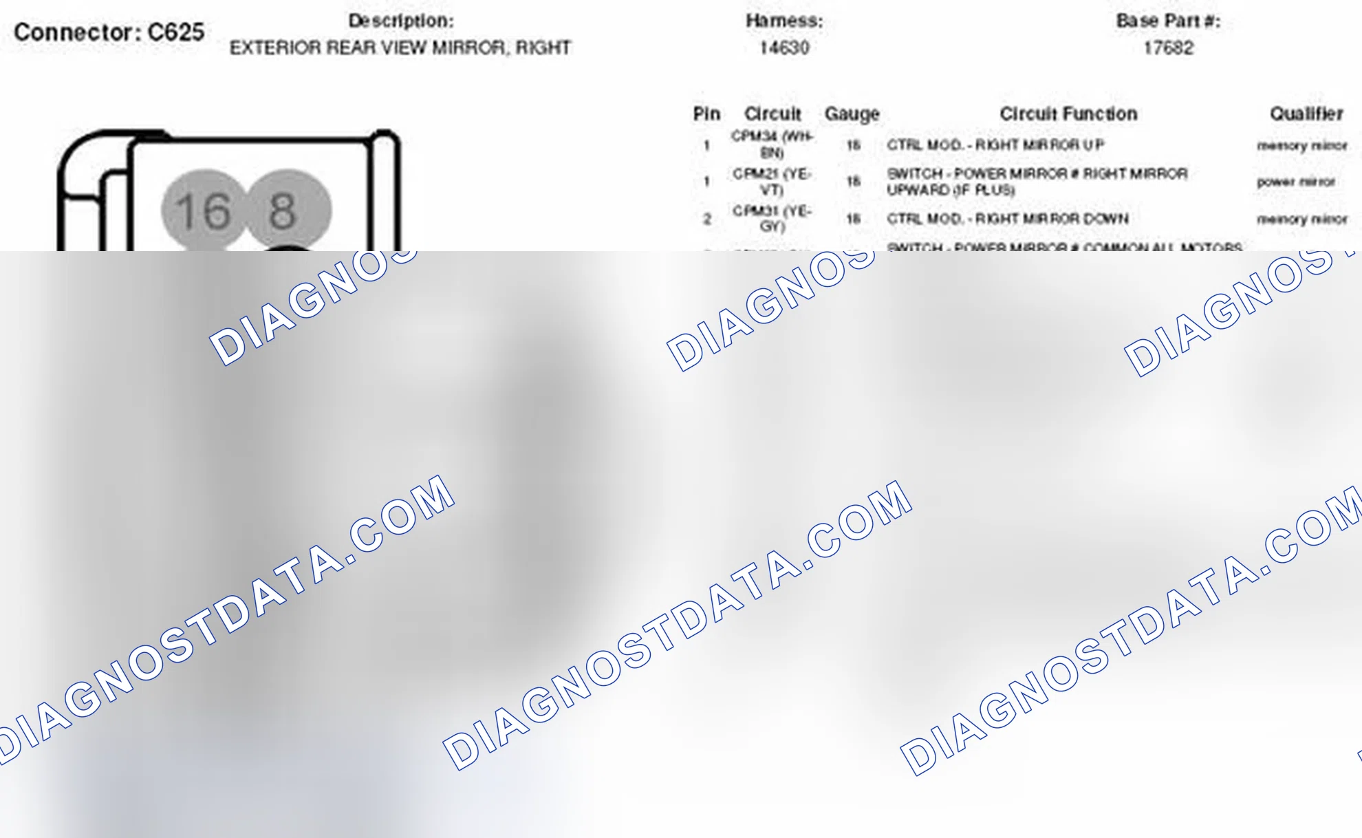Scheme 161: Right Exterior Rearview Mirror Connector End View (C625)