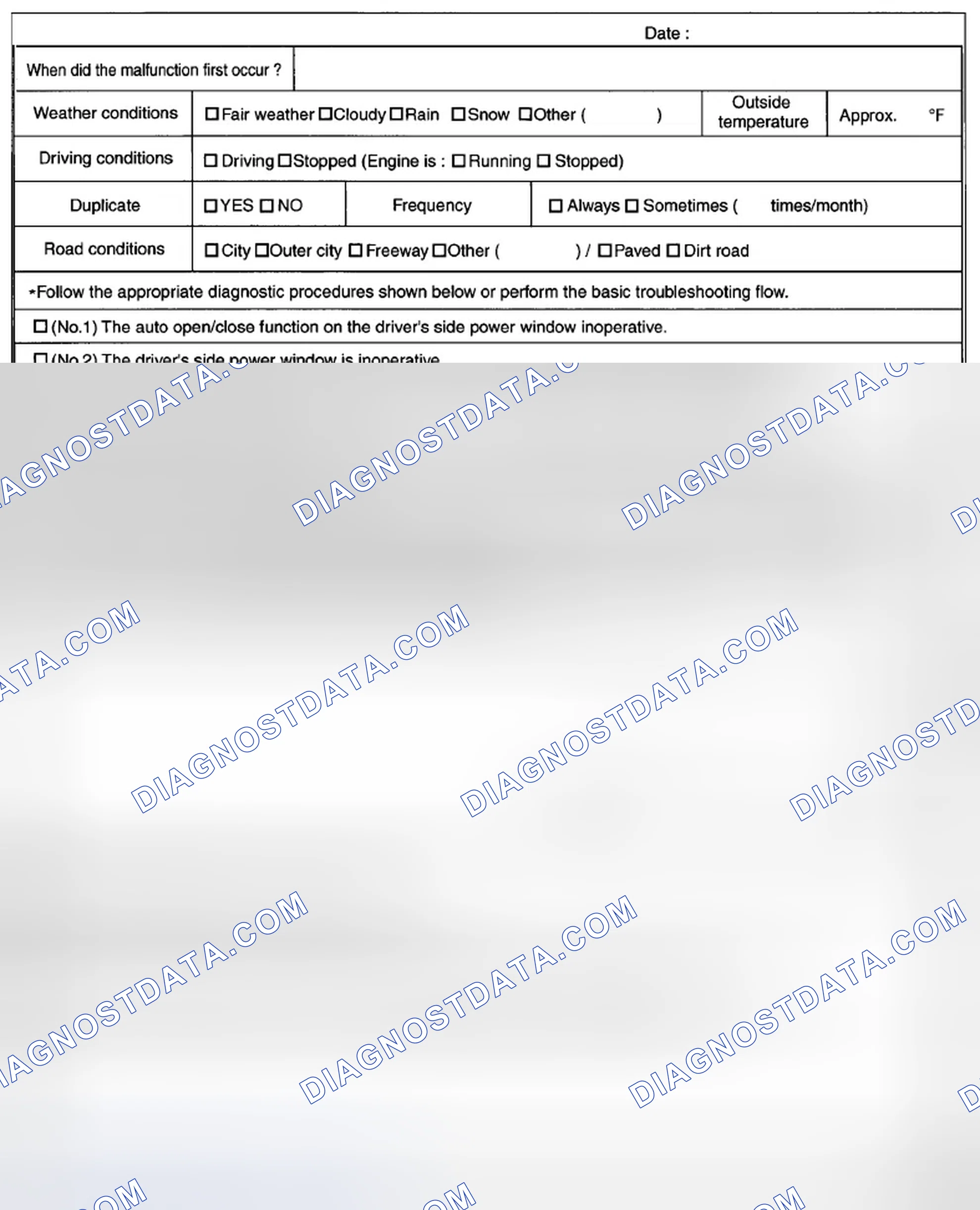 Scheme 116: Power Window System Troubleshooting Questionnaire Sheet