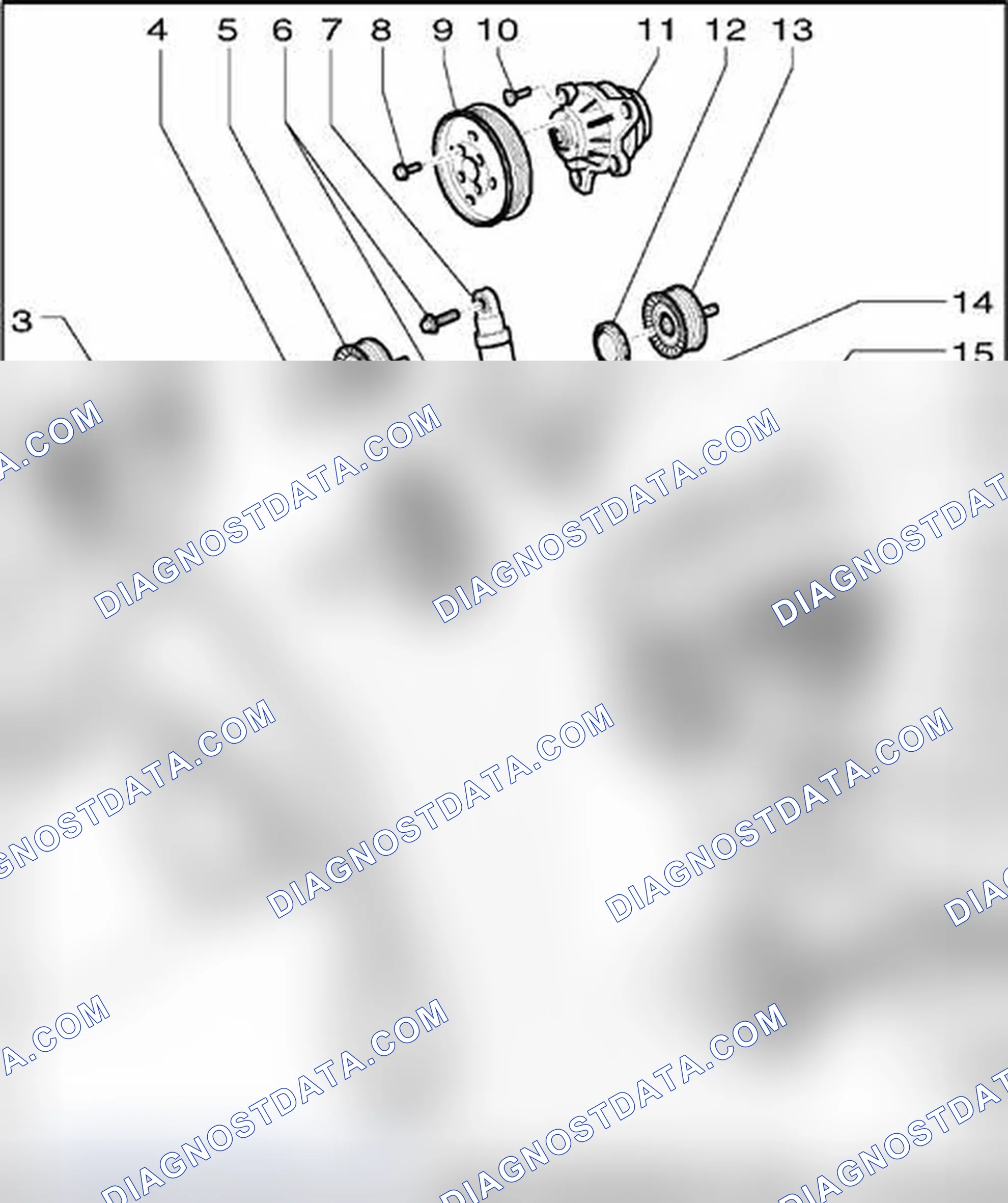 Scheme 454: Power Steering Pump Ribbed Belt Drive, Generator and Air Conditioning, Assembly Overview