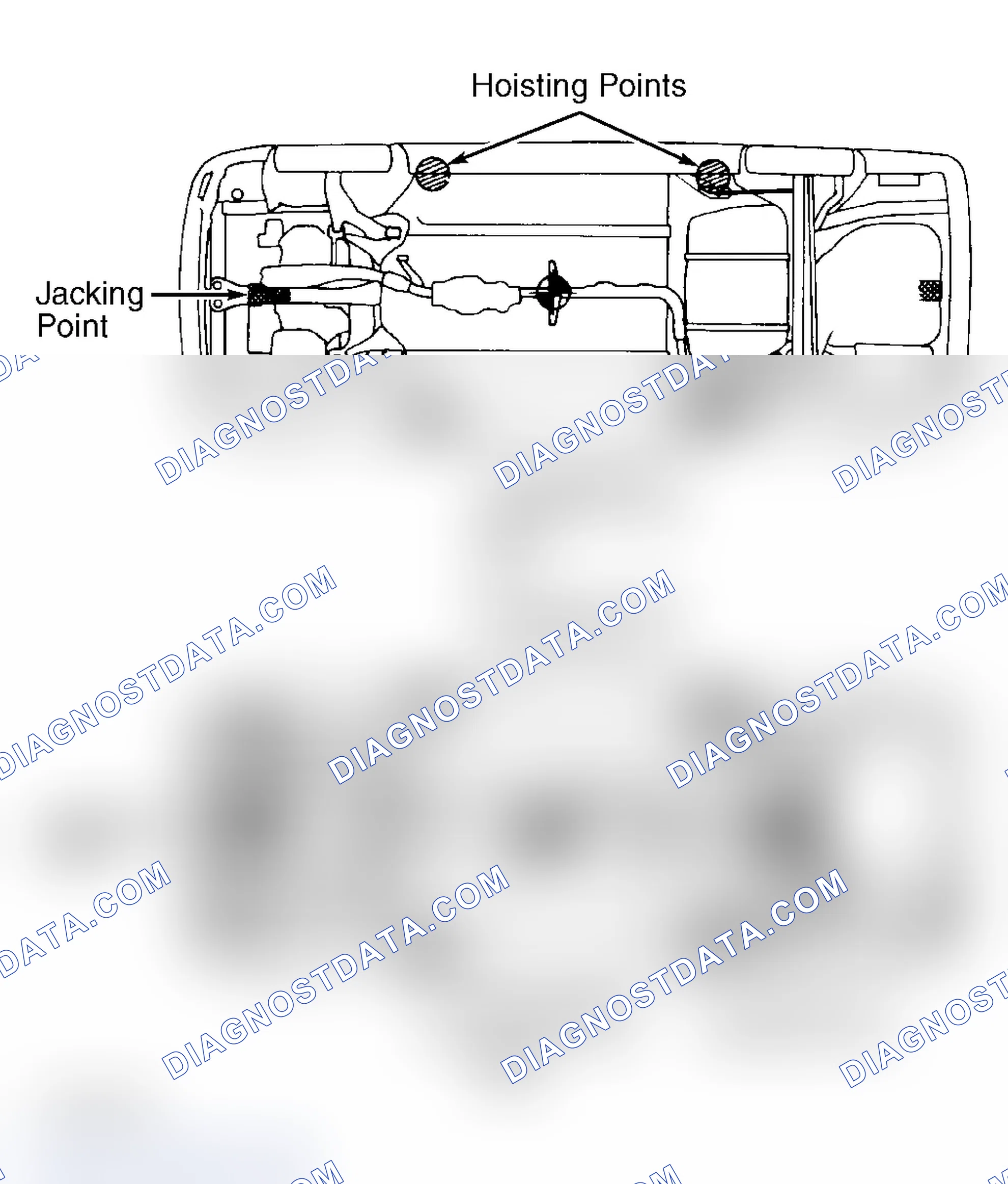 Fig. 2: Jacking & Hoisting Points (Except Stealth & 3000GT) Courtesy of Mitsubishi Motor Sales of America.