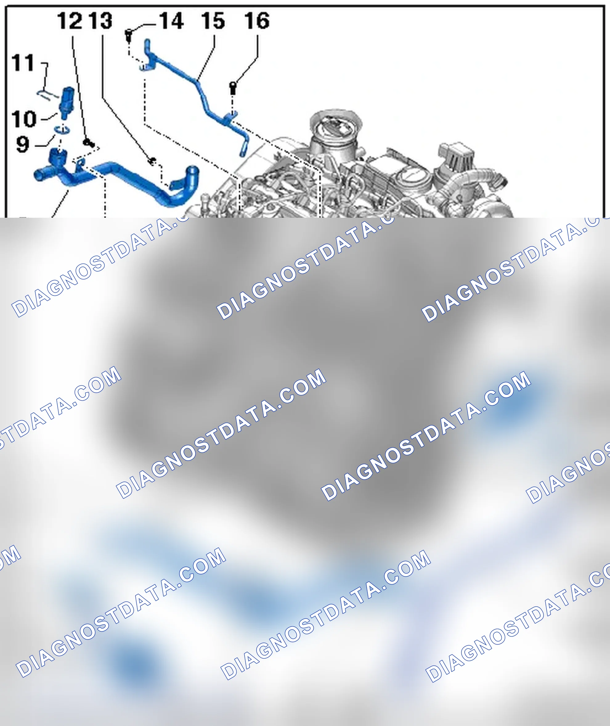 Scheme 16: COOLANT PIPES, COOLANT TEMPERATURE SENSORS AND COOLANT PUMP ASSEMBLY OVERVIEW