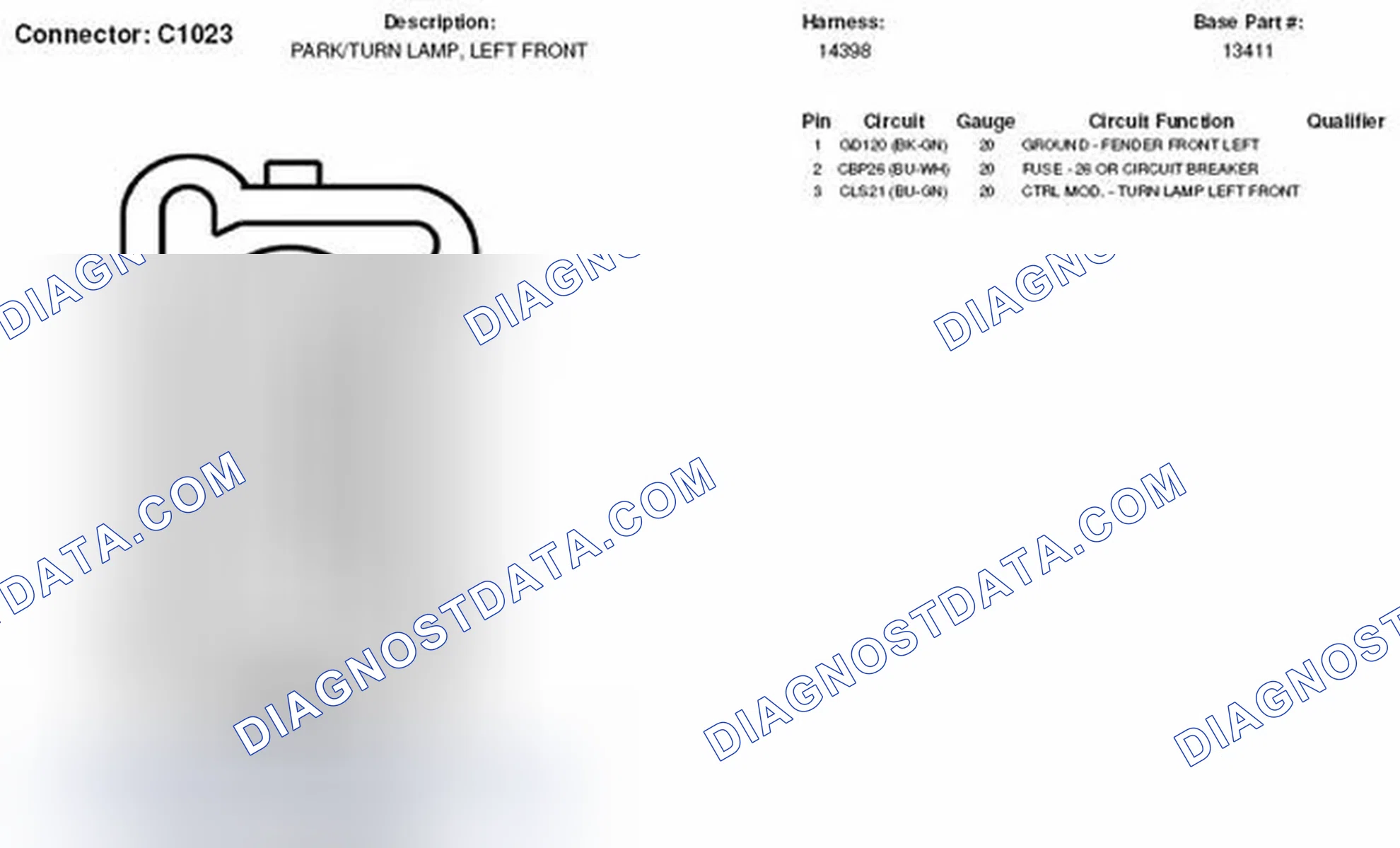 Scheme 257: Left Front Park Lamp / Turn Lamp Connector End View (C1023)