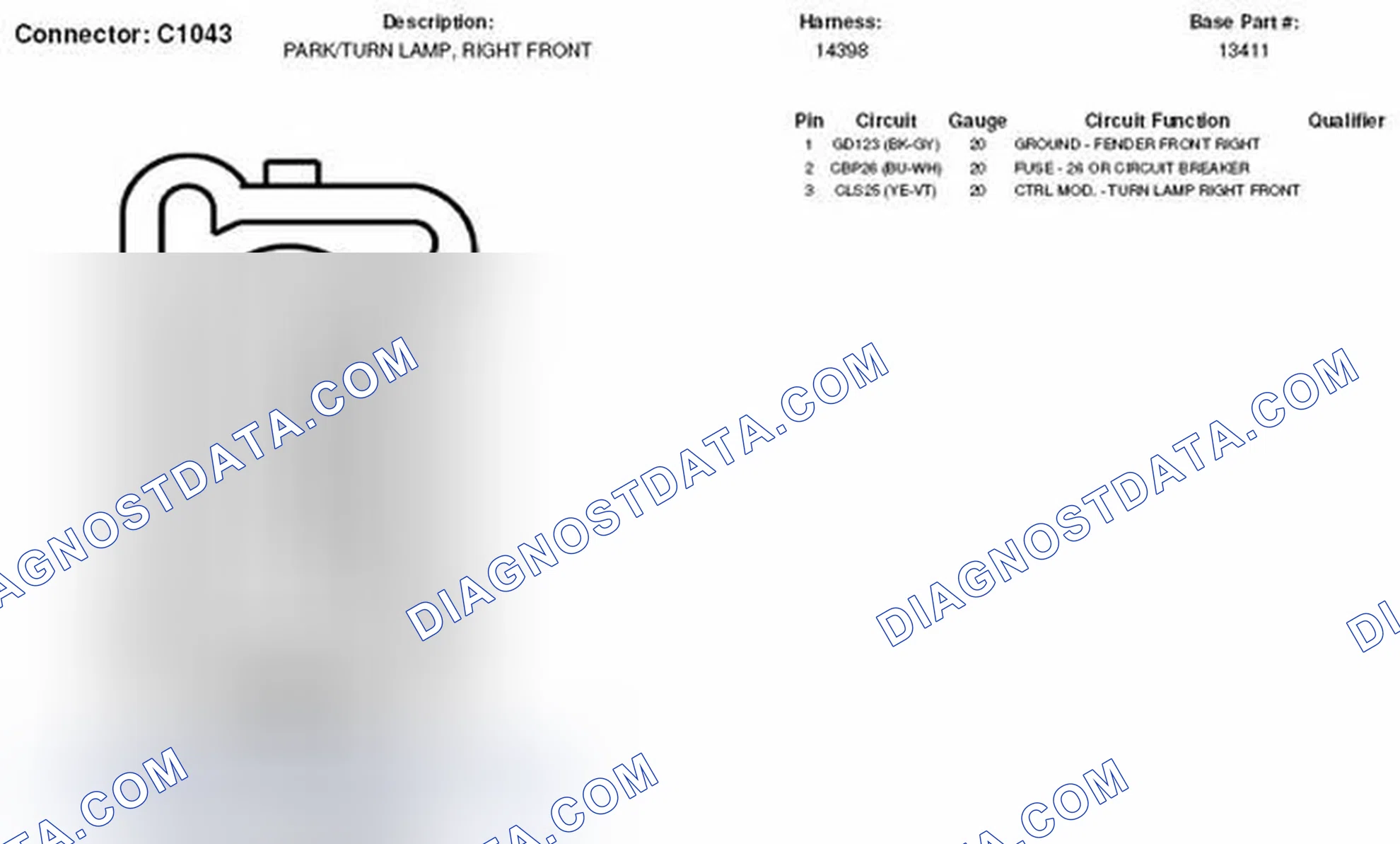 Scheme 262: Right Front Park Lamp / Turn Lamp Connector End View (C1043)