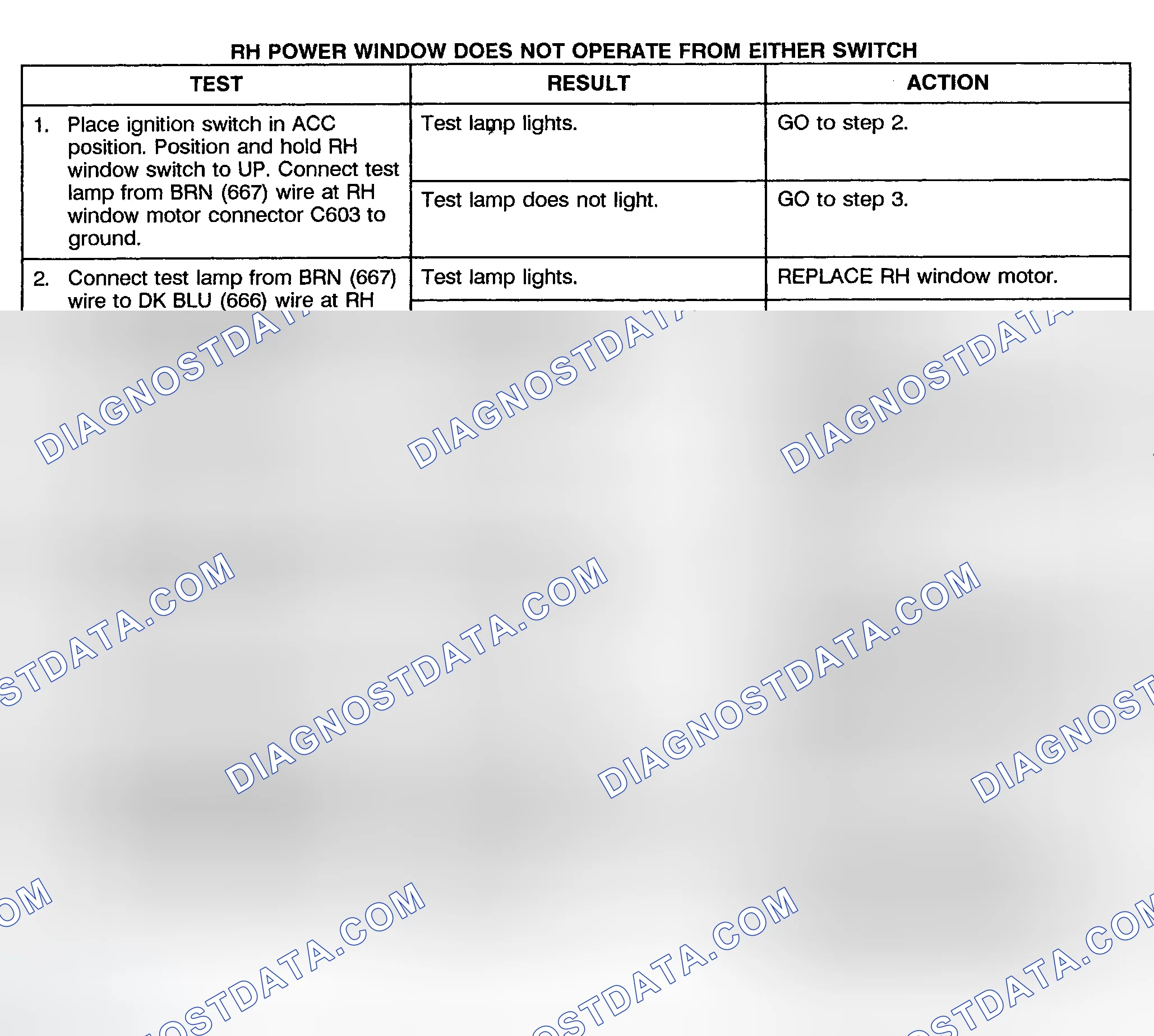 Scheme 4: TEST D: RIGHT POWER WINDOW DOES NOT OPERATE FROM EITHER SWITCH (2-DOOR & EXTENDED CAB)