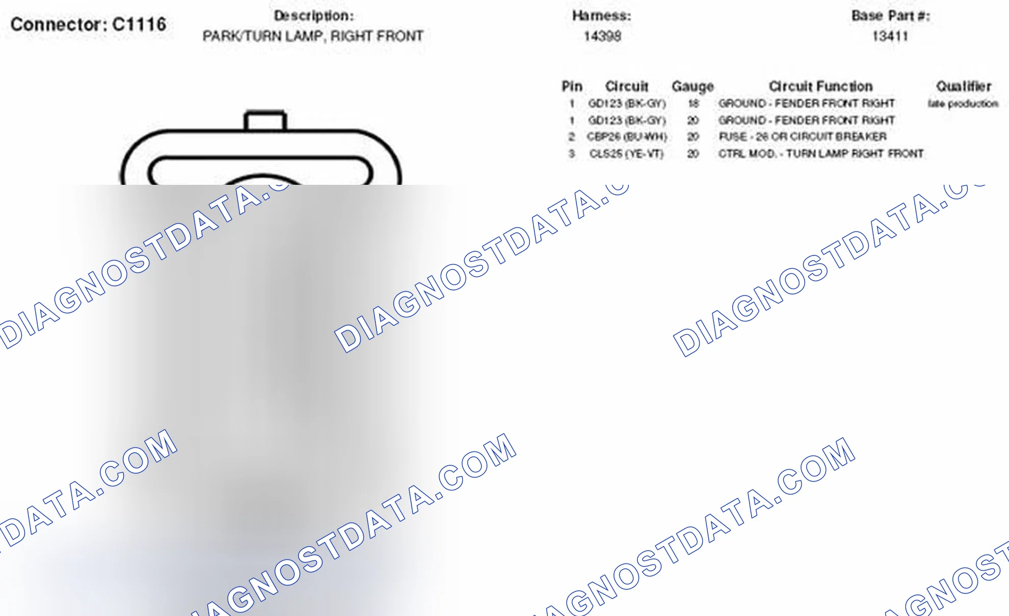 Scheme 275: Right Front Park Lamp / Turn Lamp Connector End View (C1116)