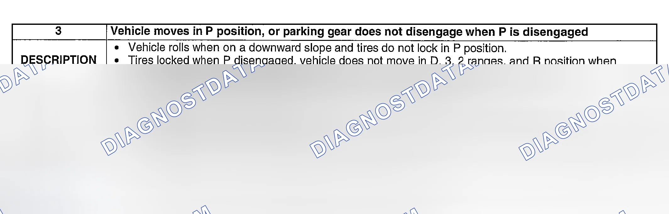 Scheme 113: NO. 3: VEHICLE MOVES IN P POSITION, OR PARKING GEAR DOES NOT DISENGAGE WHEN P IS DISENGAGED