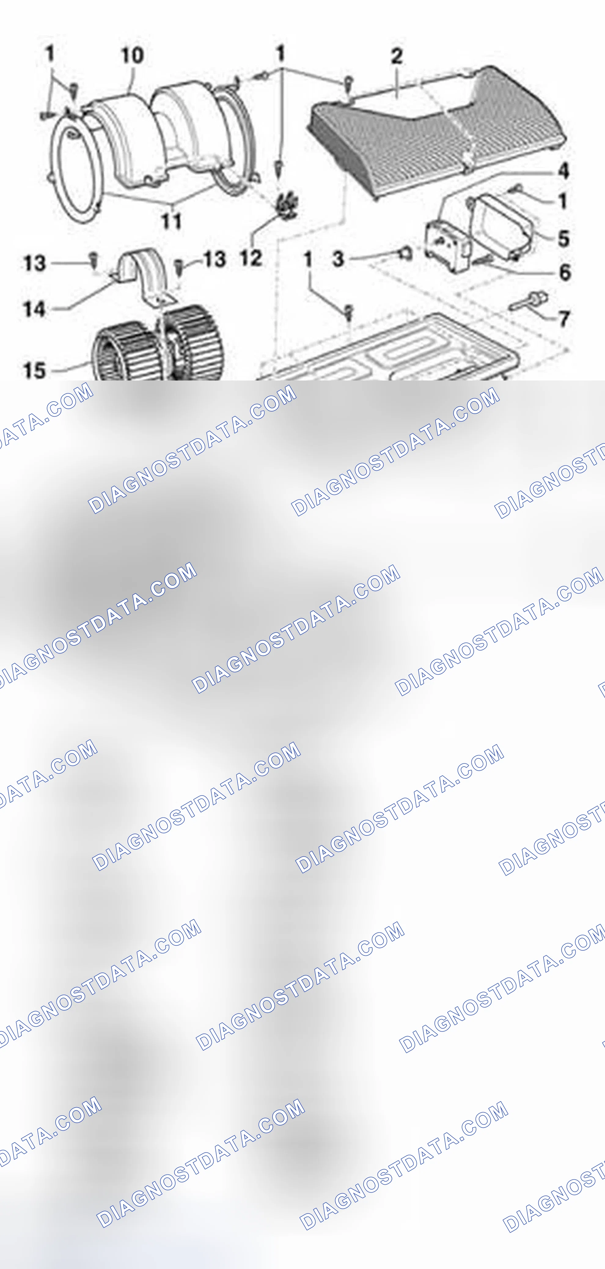 Scheme 128: Screen, fresh air blower, evaporator and covers in plenum, removing and installing