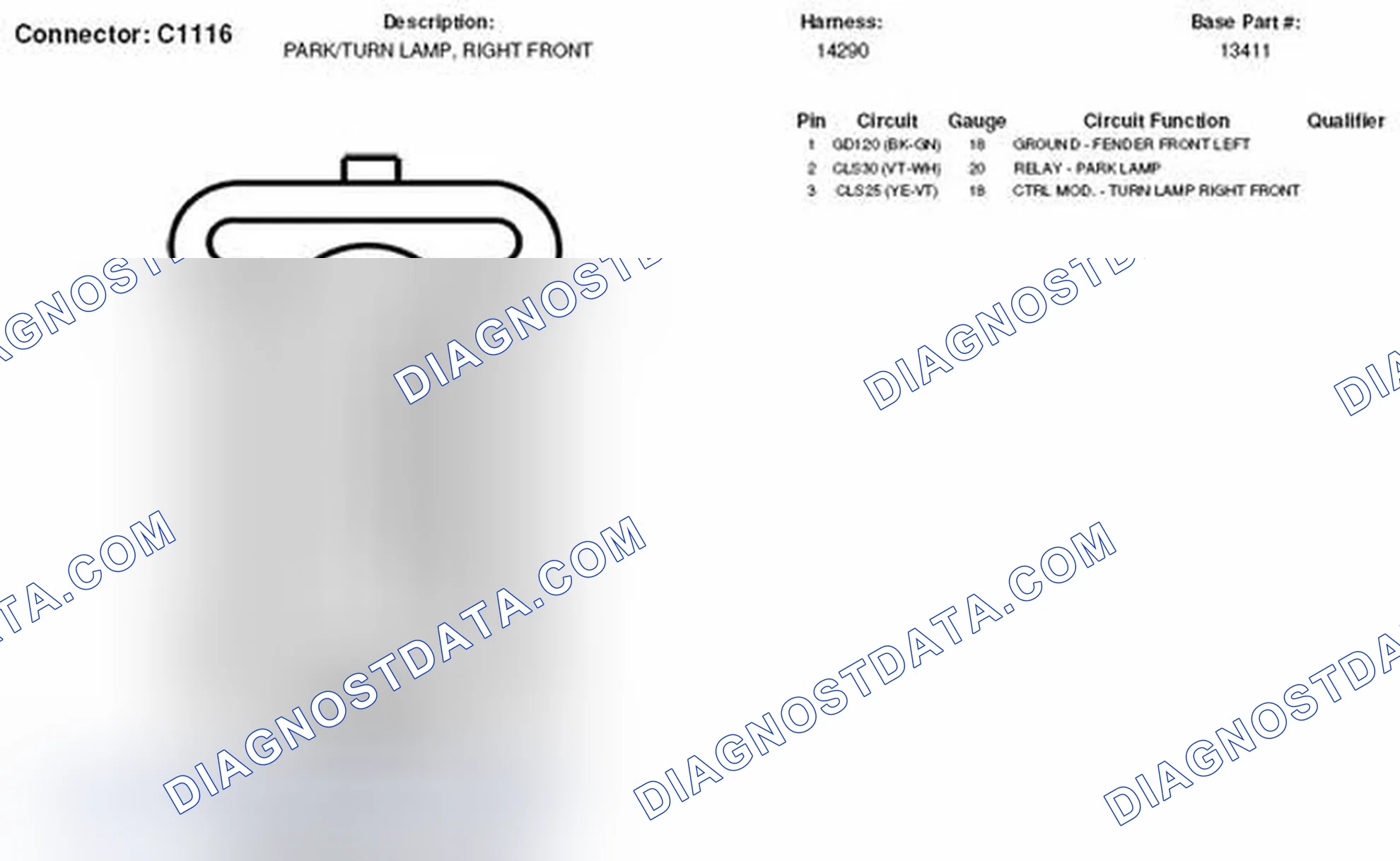 Scheme 206: Right Front Park Lamp / Turn Lamp Connector End View (C1116)