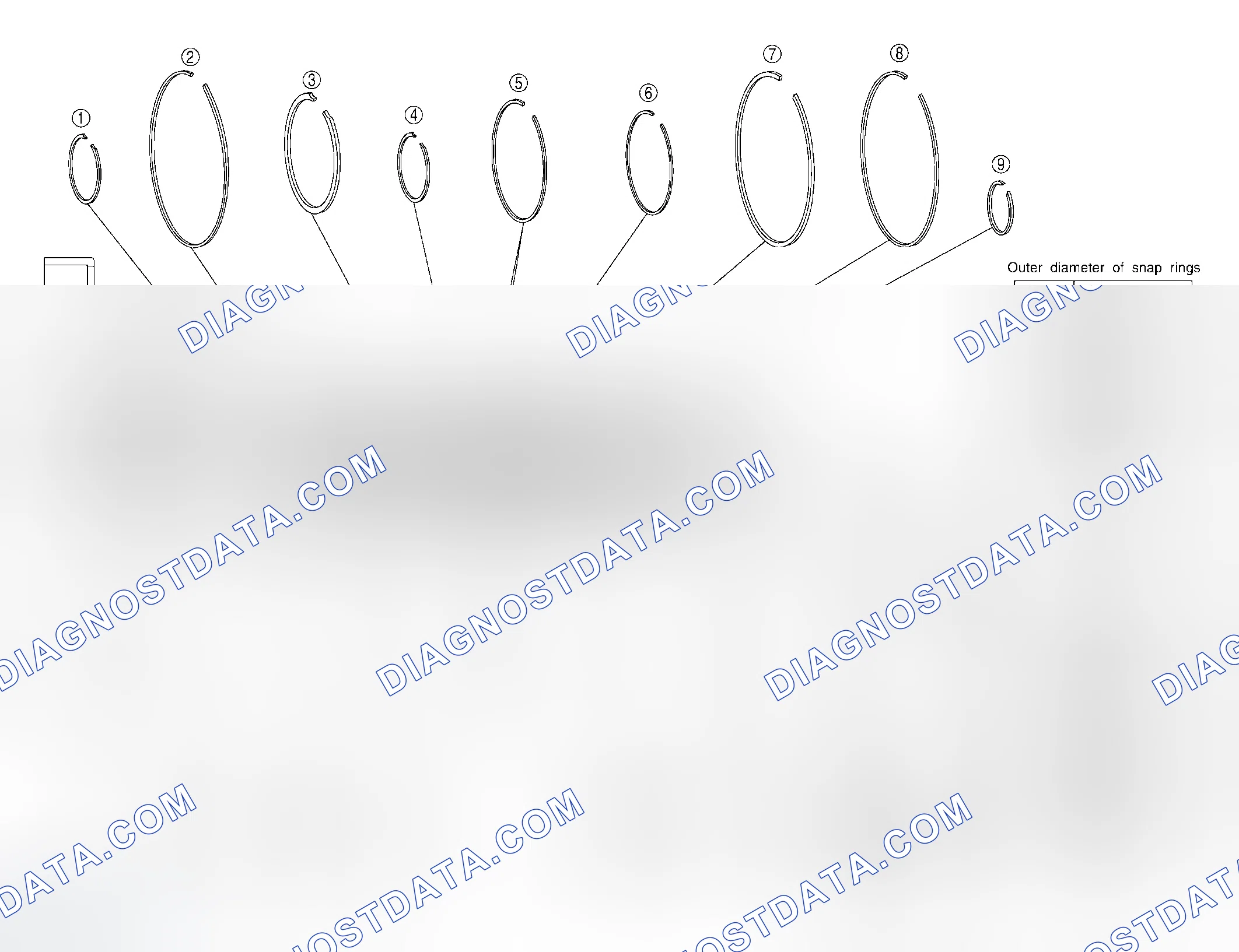 Scheme 218: LOCATIONS OF ADJUSTING SHIMS, NEEDLE BEARINGS, THRUST WASHERS AND SNAP RINGS