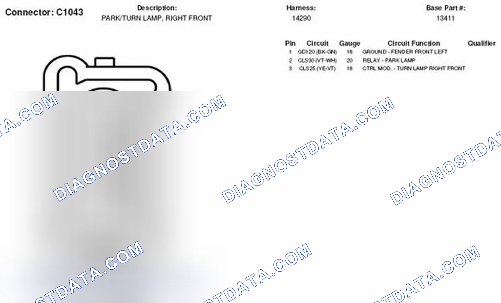 Scheme 197: Right Front Park Lamp / Turn Lamp Connector End View (C1043)