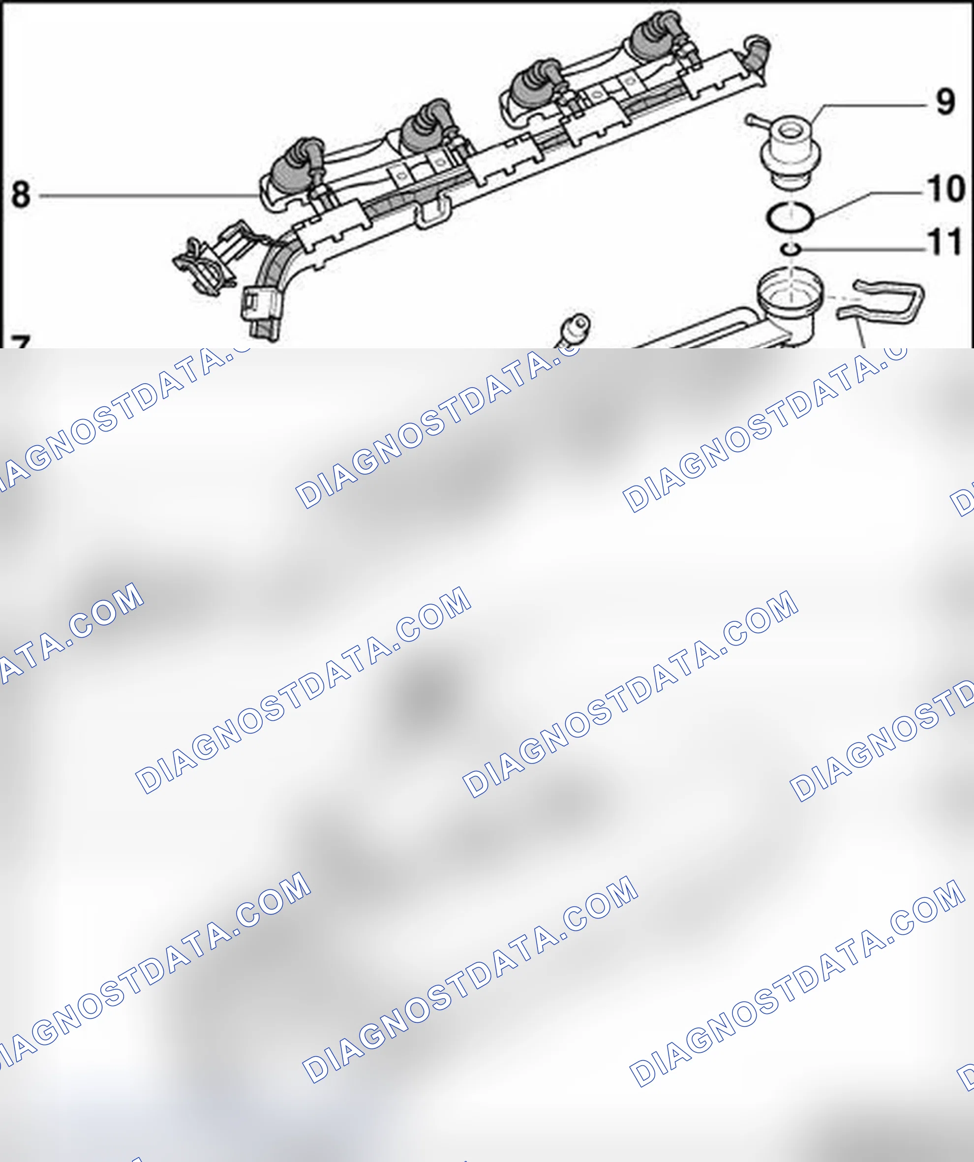 Scheme 215: Fuel distributor with fuel injectors, disassembling and assembling