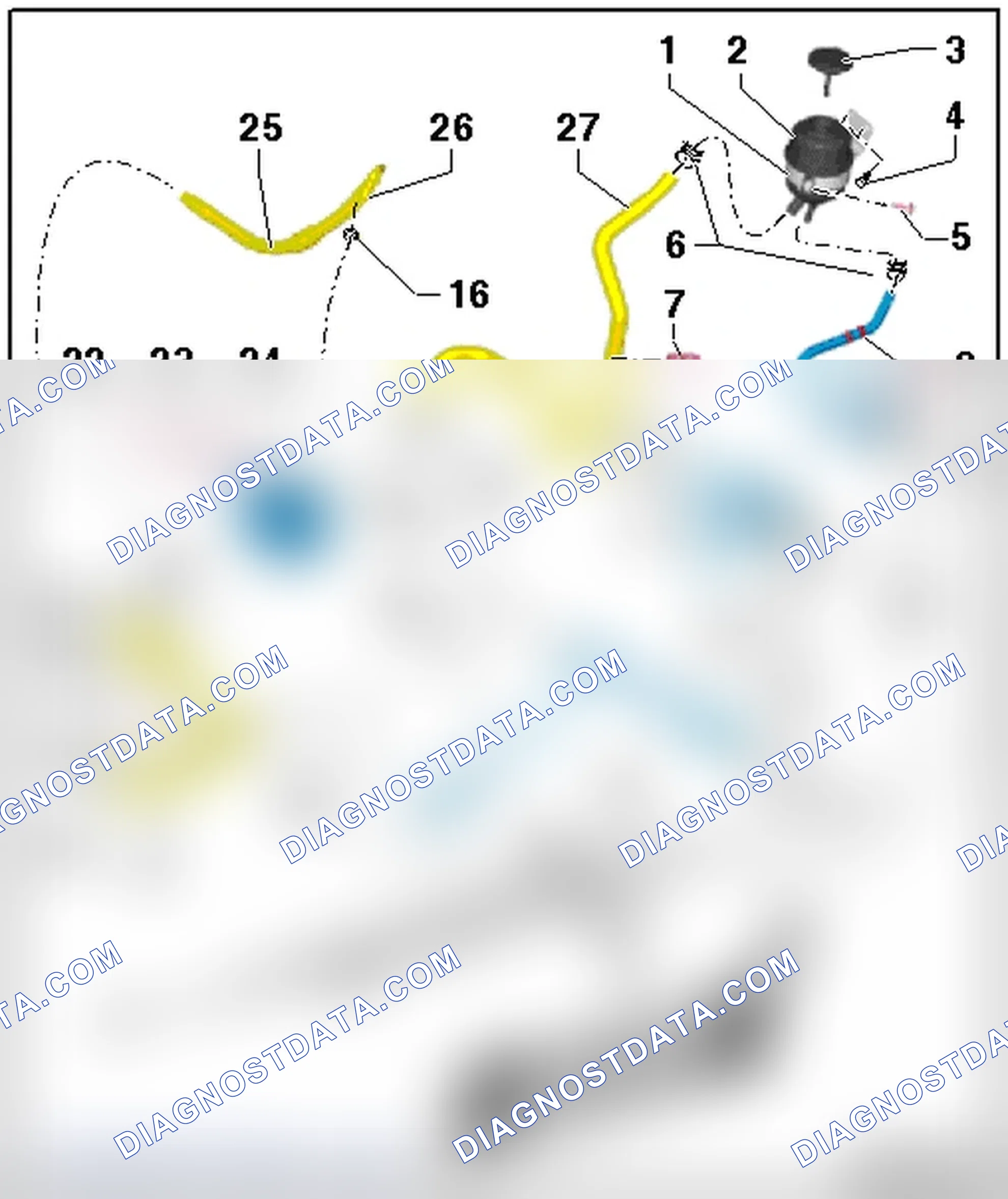 Scheme 36: POWER STEERING PUMP, HYDRAULIC LINES AND RESERVOIR OVERVIEW, VEHICLES WITHOUT DYNAMIC STEERING