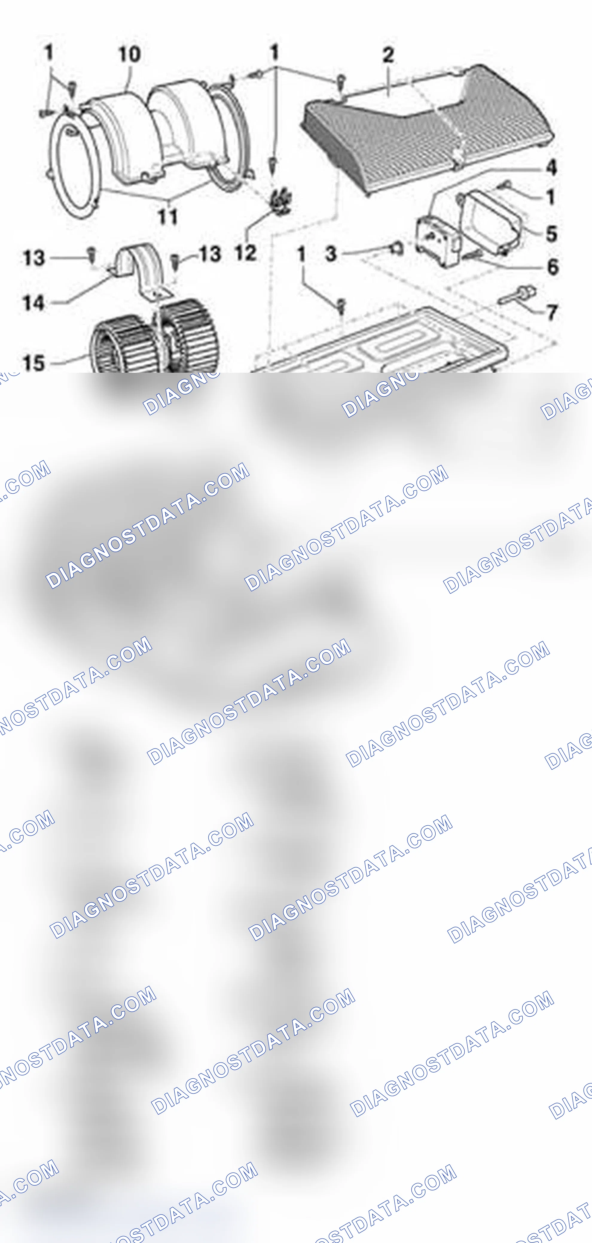 Scheme 123: Screen, fresh air blower, evaporator and covers in plenum, removing and installing