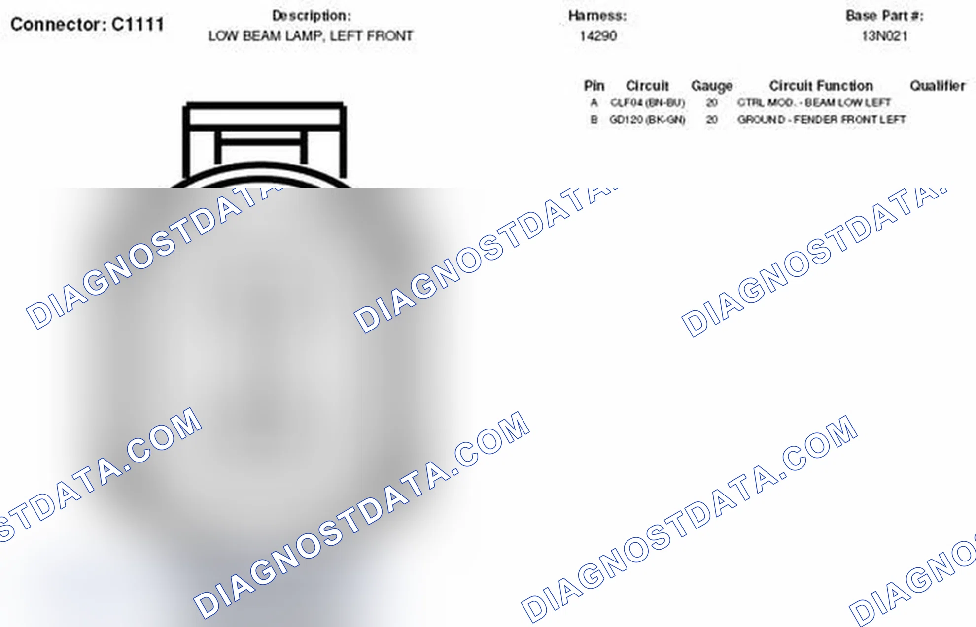 Scheme 203: Left Front Low Beam Lamp Connector End View (C1111)