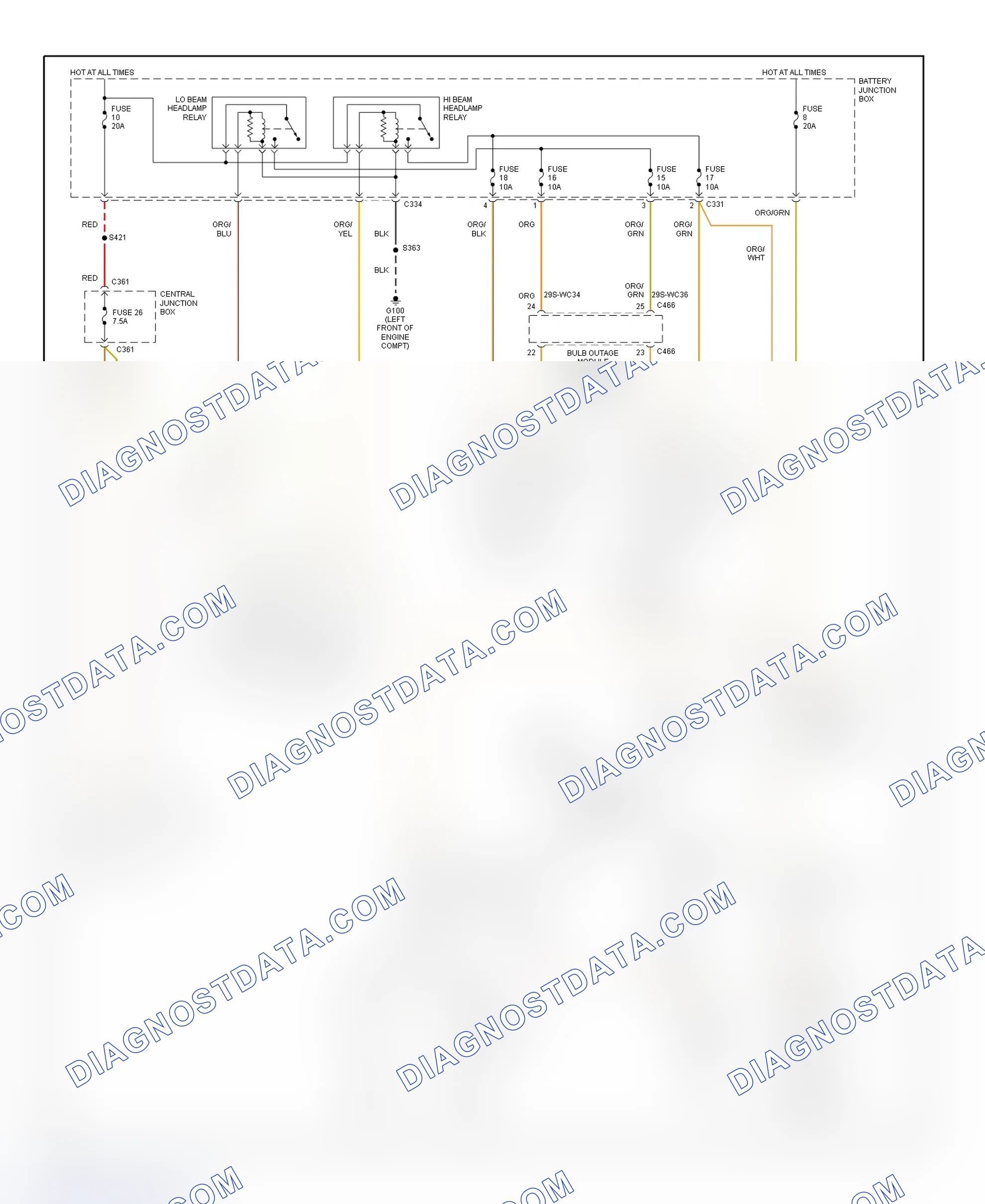 Scheme 5: Headlight System Wiring Diagram (Cougar - With Bulb Outage Module)