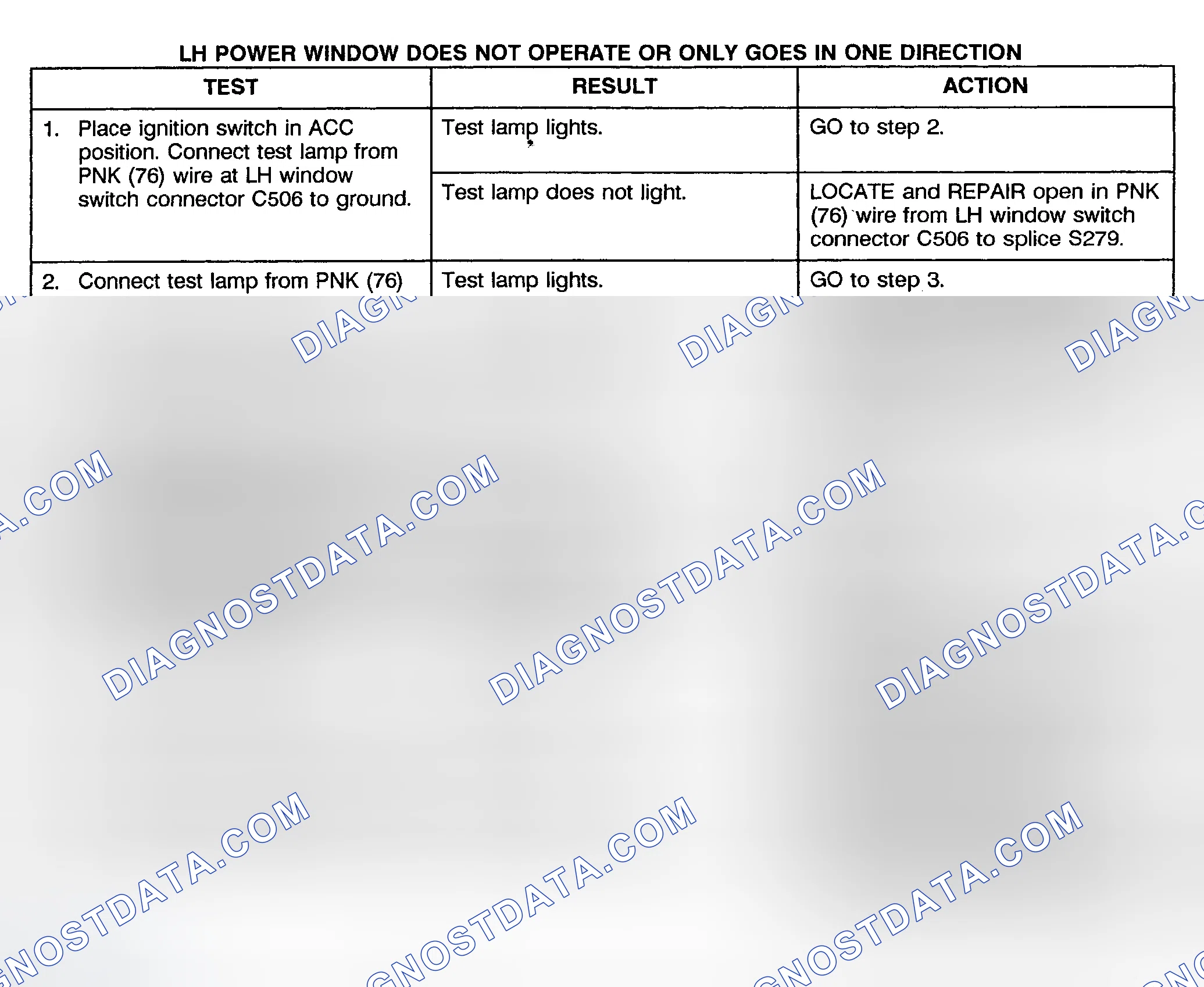 Scheme 2: TEST B: LEFT POWER WINDOW DOES NOT OPERATE OR ONLY OPERATES IN ONE DIRECTION (2-DOOR & EXTENDED CAB)