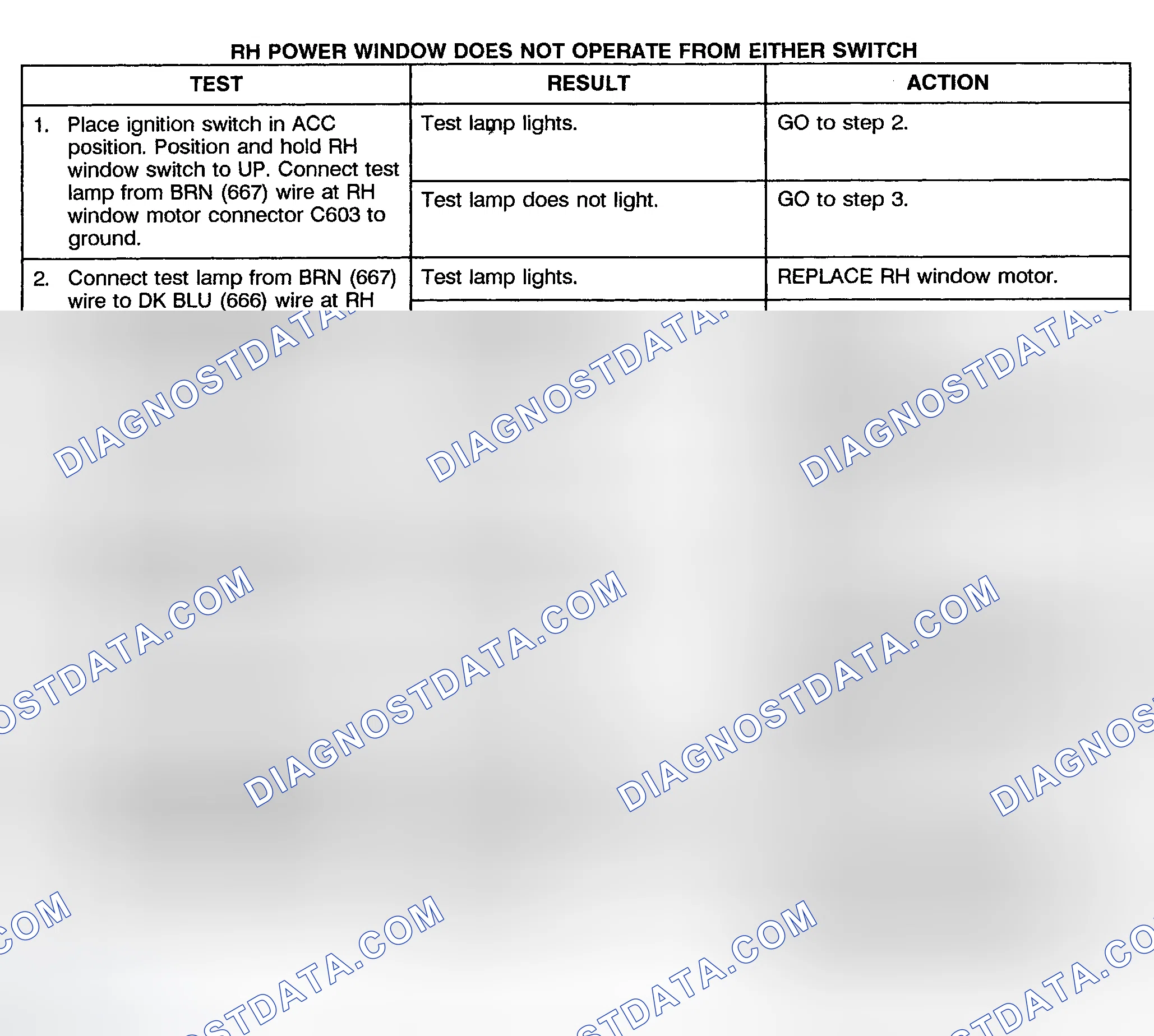 Scheme 4: TEST D: RIGHT POWER WINDOW DOES NOT OPERATE FROM EITHER SWITCH (2-DOOR & EXTENDED CAB)