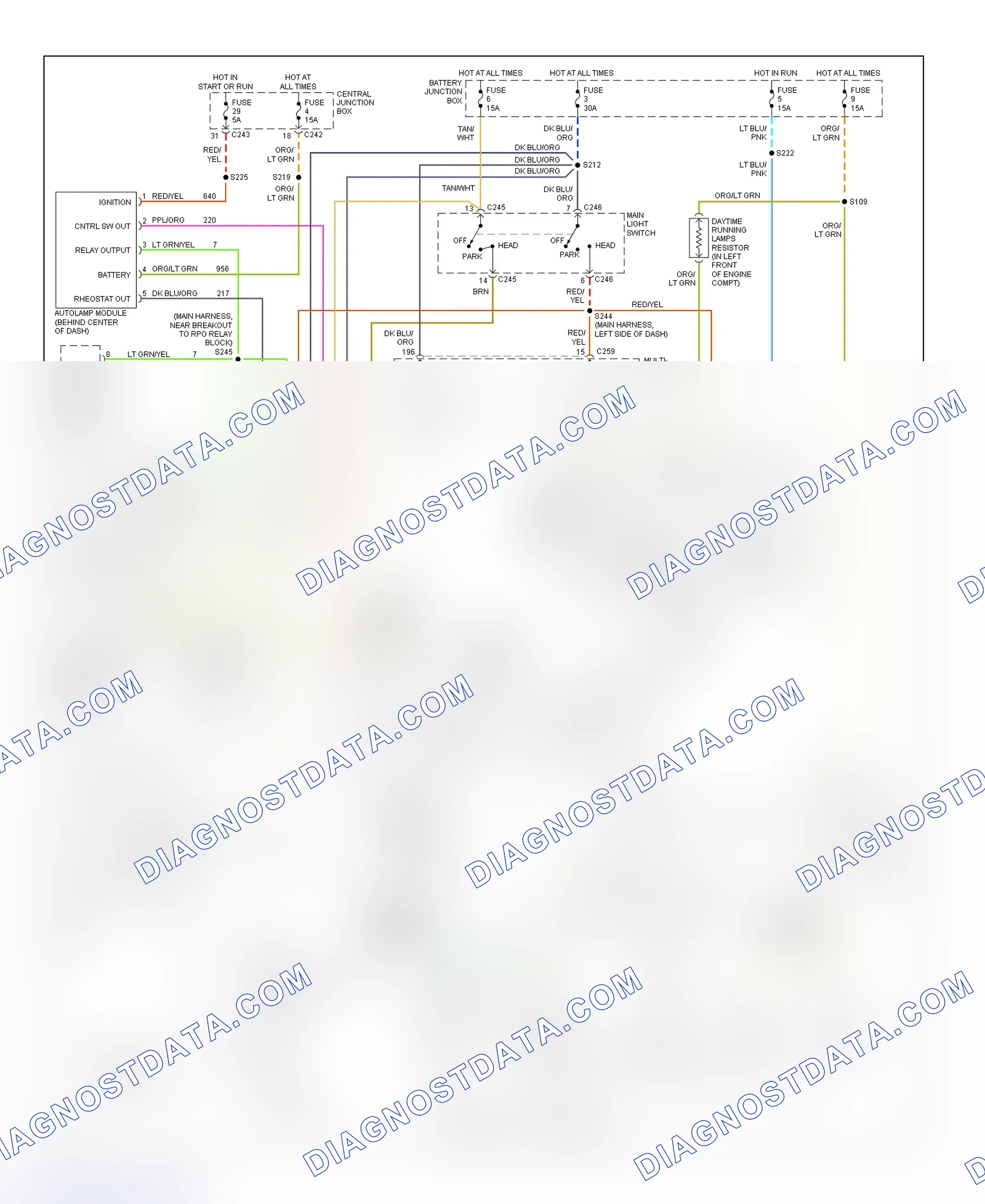 Scheme 28: Daytime Running Lights Wiring Diagram (Expedition, F150 & F250 Light-Duty Pickups, & Navigator - With DRL - Autolamps & Fog Lights Circuits)