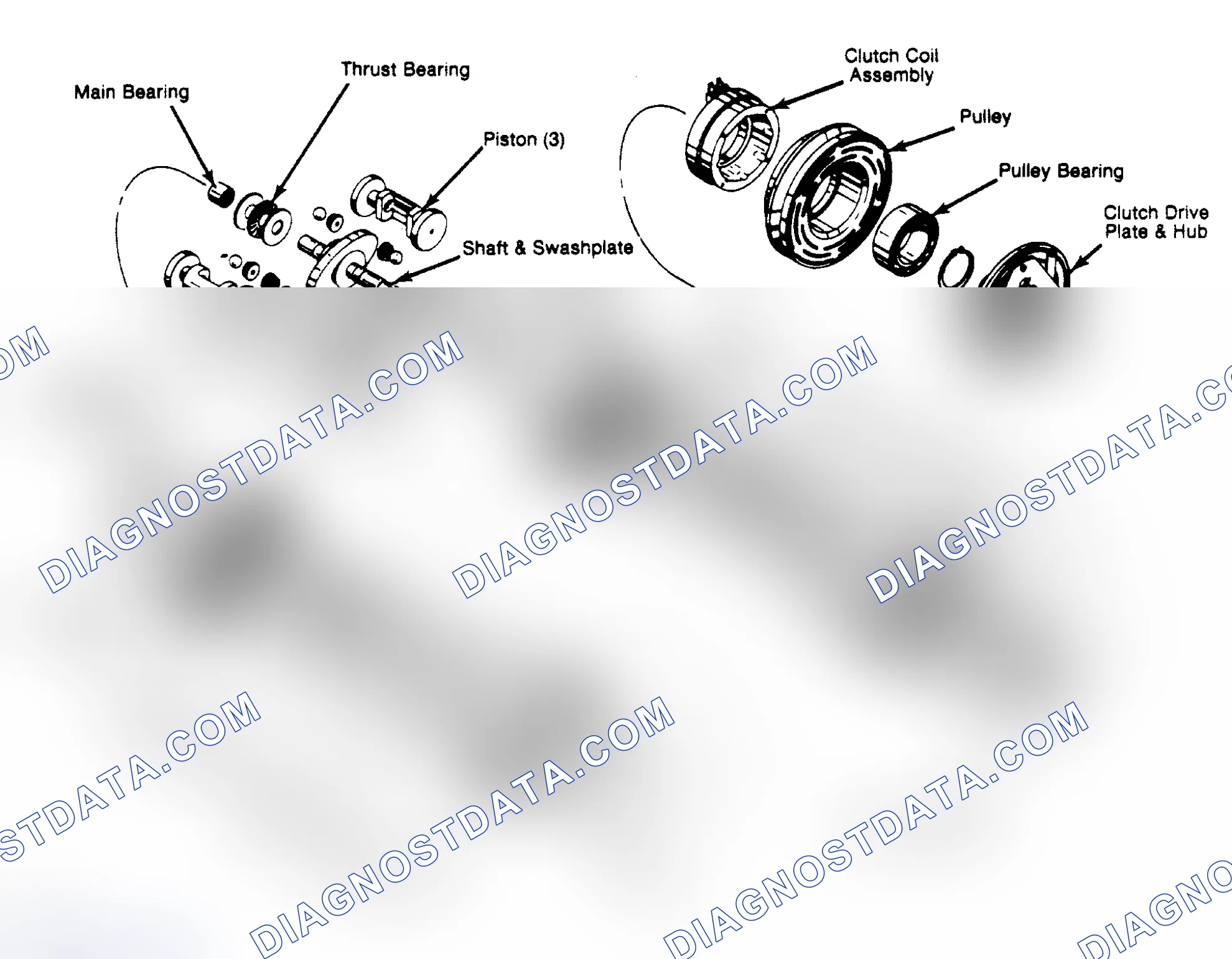 Scheme 64: Exploded View of General Motors DA-6 6-Cylinder Compressor (Components of center cylinder and piston assembly are non-serviceable, and must be replaced as an assembly.)