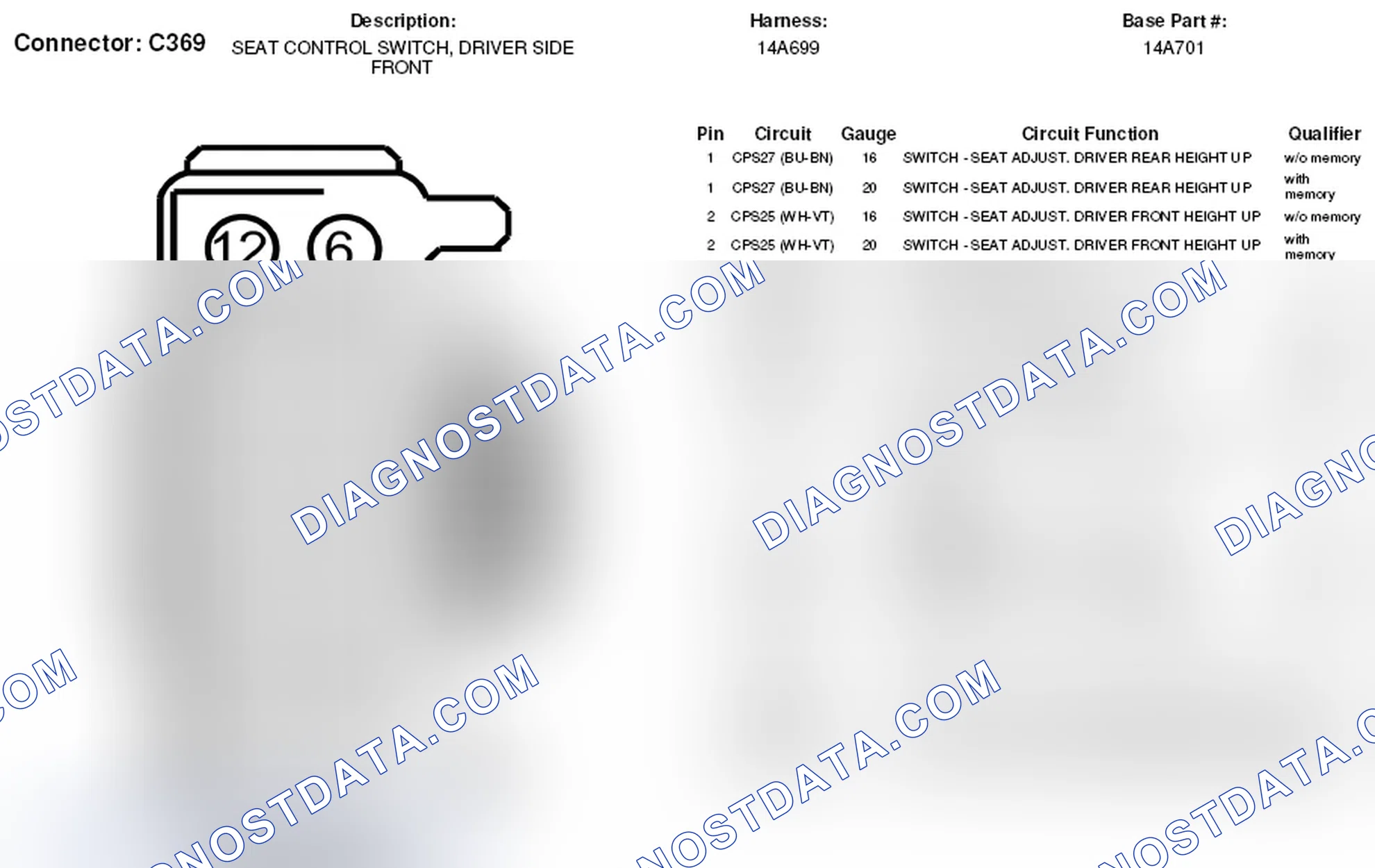 Scheme 116: Driver Side Front Seat Control Switch Connector End View (C369)
