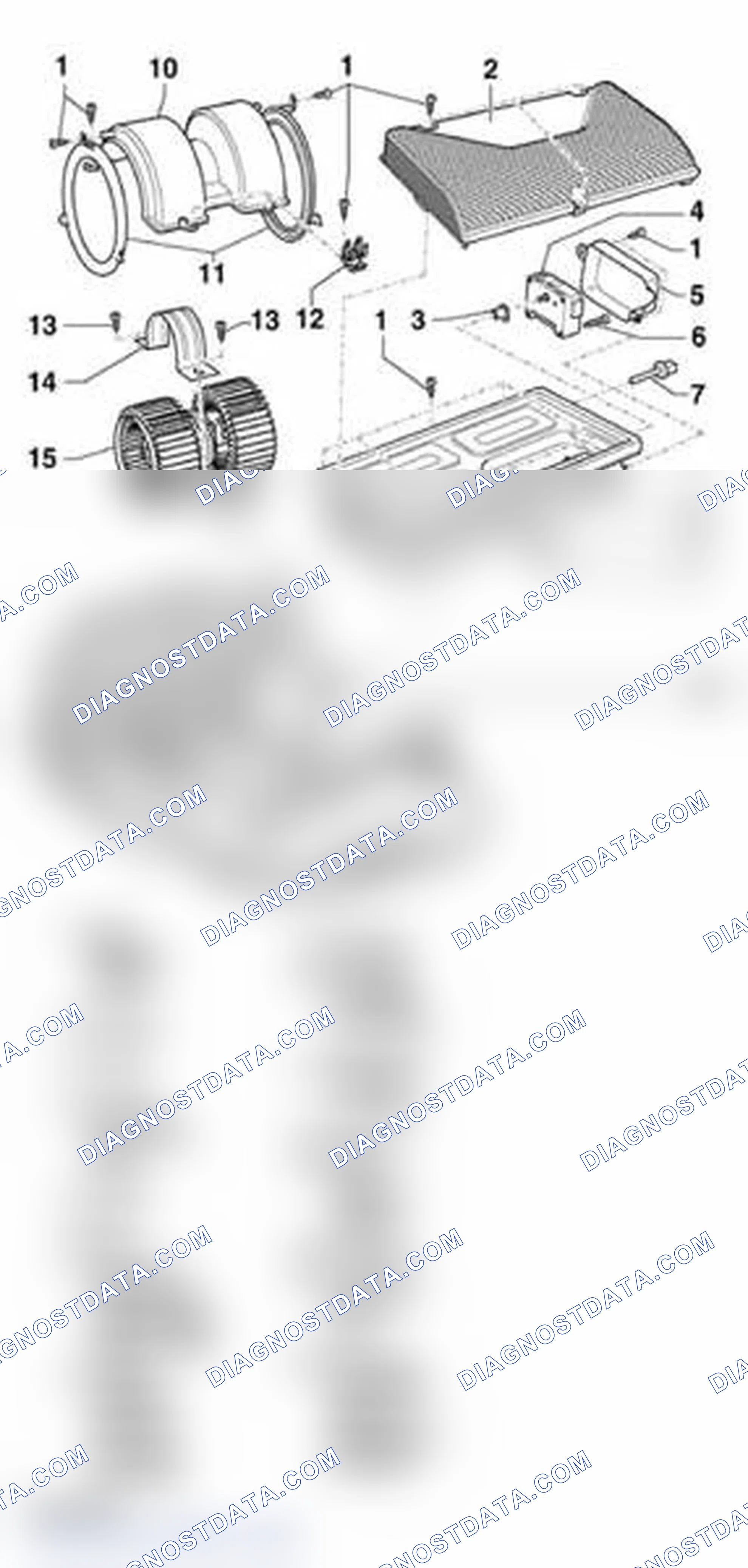 Scheme 123: Screen, fresh air blower, evaporator and covers in plenum, removing and installing