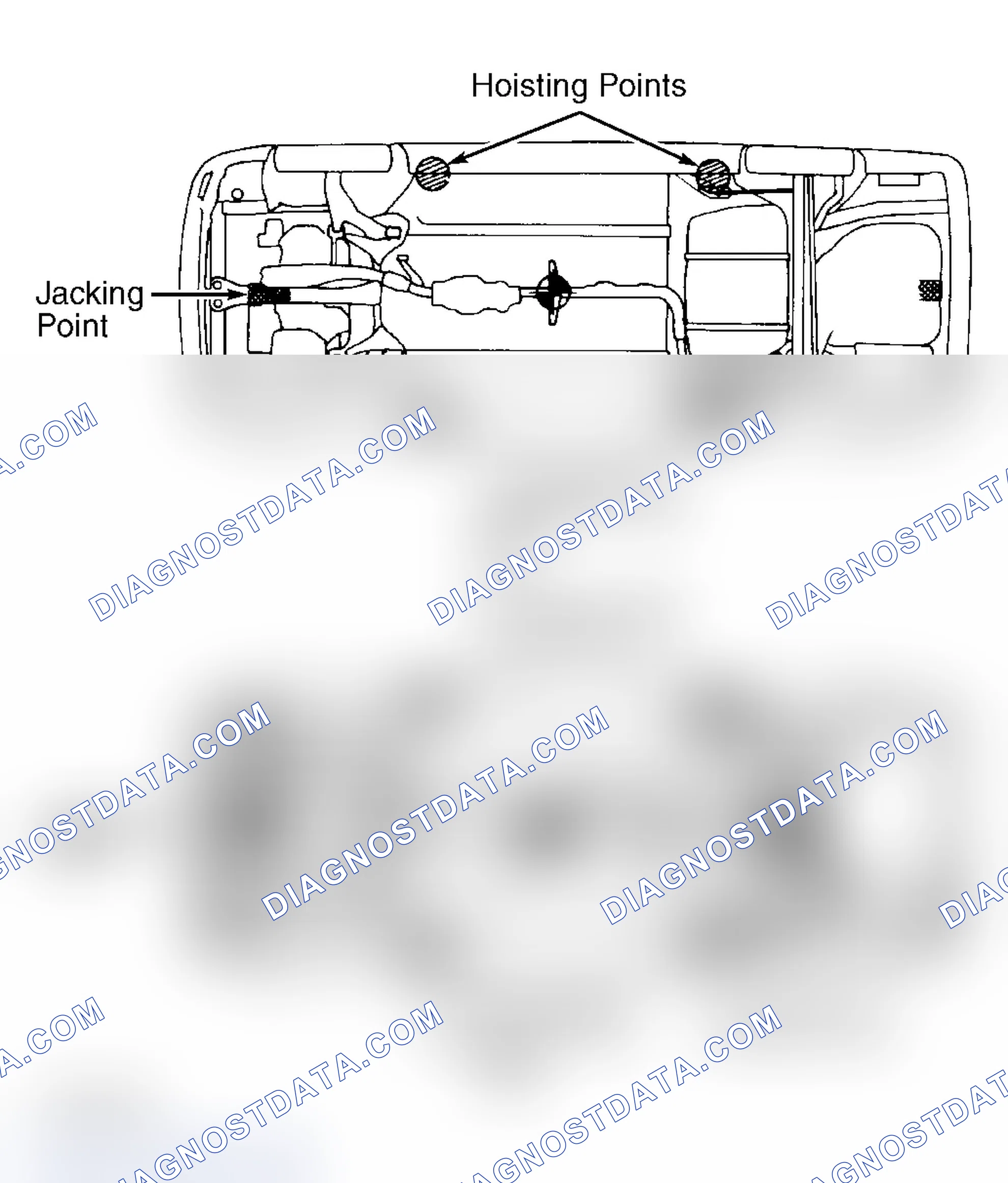 Fig. 2: Jacking & Hoisting Points (Except Stealth & 3000GT) Courtesy of Mitsubishi Motor Sales of America.