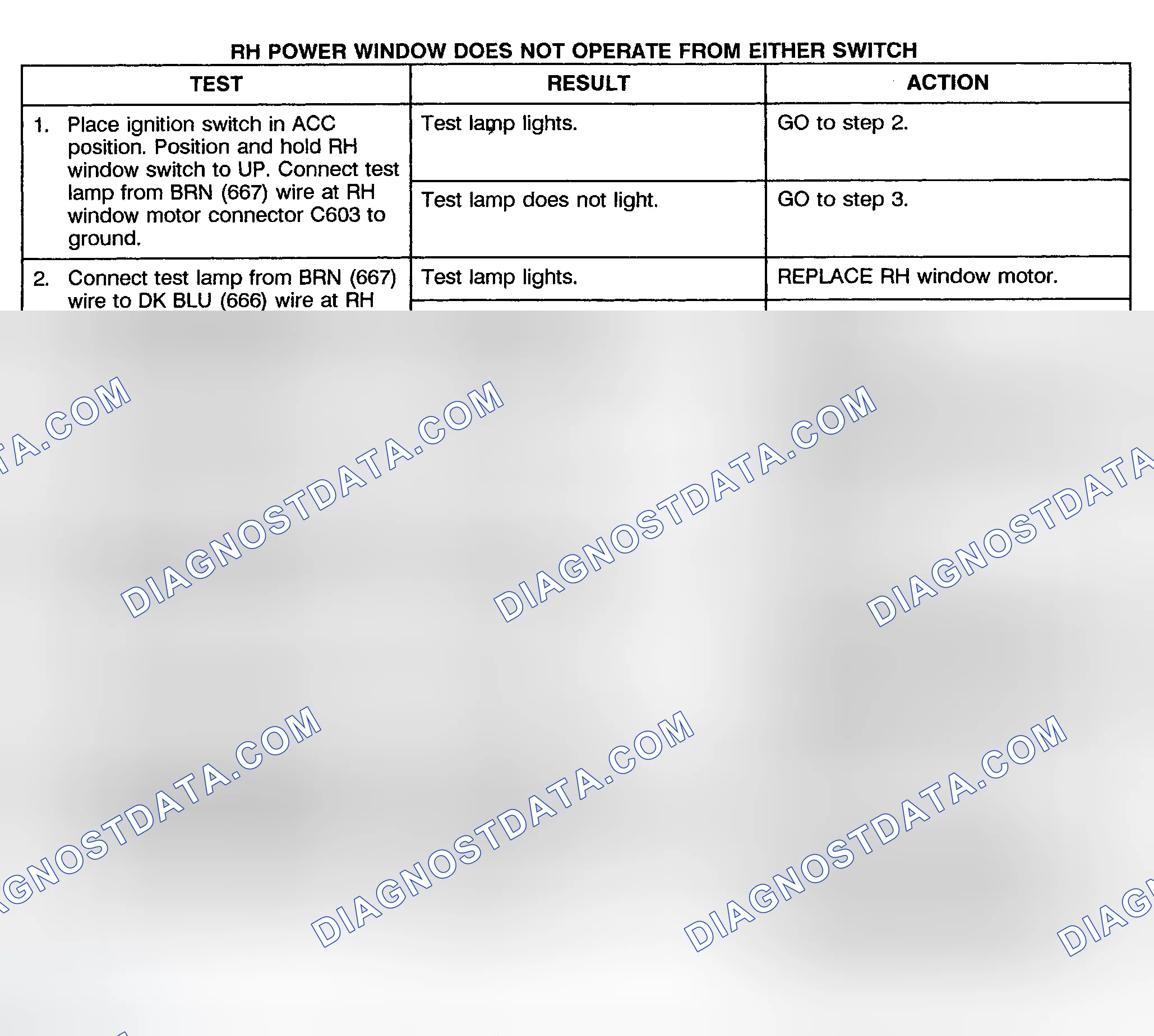 Scheme 4: TEST D: RIGHT POWER WINDOW DOES NOT OPERATE FROM EITHER SWITCH (2-DOOR & EXTENDED CAB)