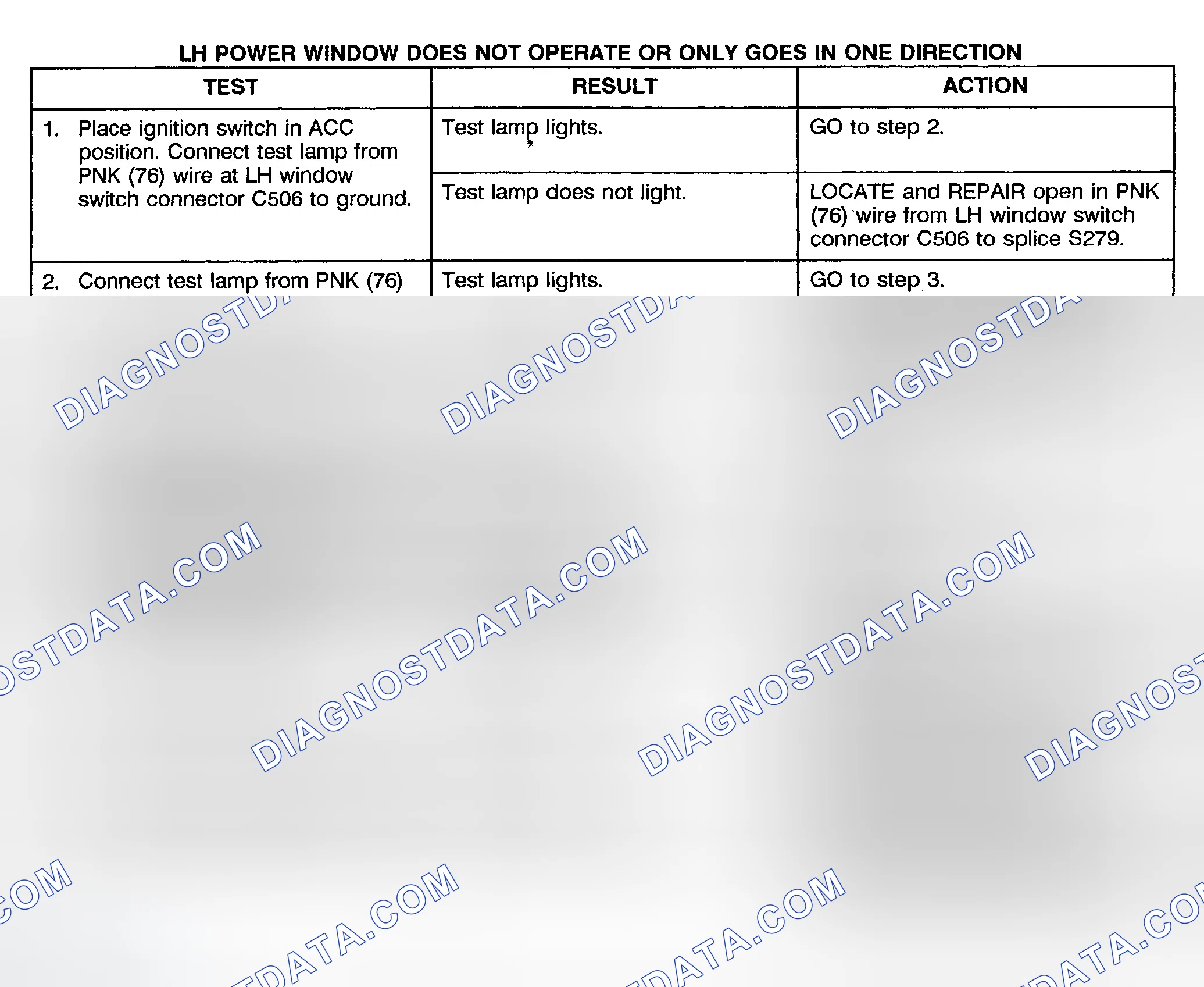 Scheme 2: TEST B: LEFT POWER WINDOW DOES NOT OPERATE OR ONLY OPERATES IN ONE DIRECTION (2-DOOR & EXTENDED CAB)