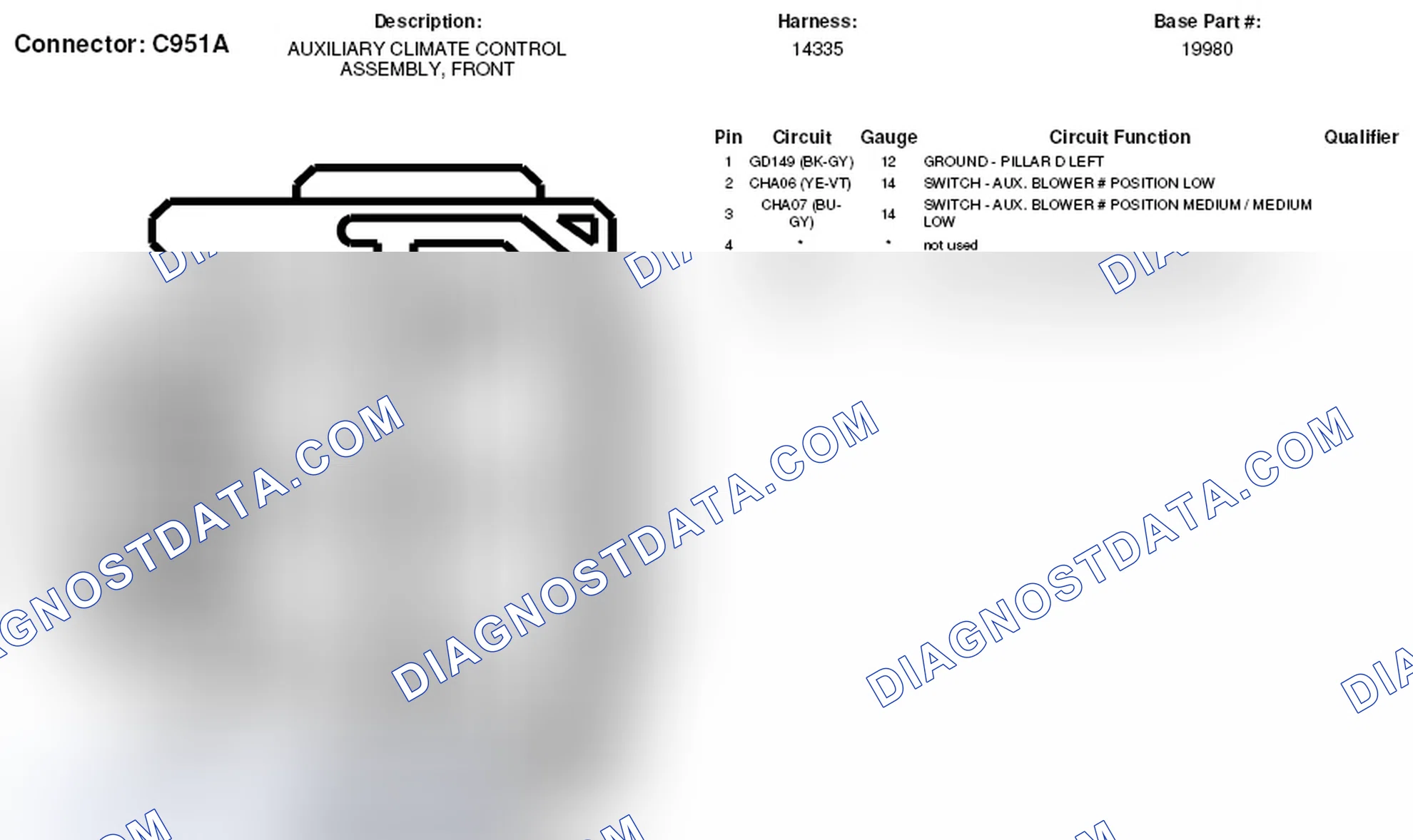 Scheme 252: Front Auxiliary Climate Control Assembly Connector End View (C951A)
