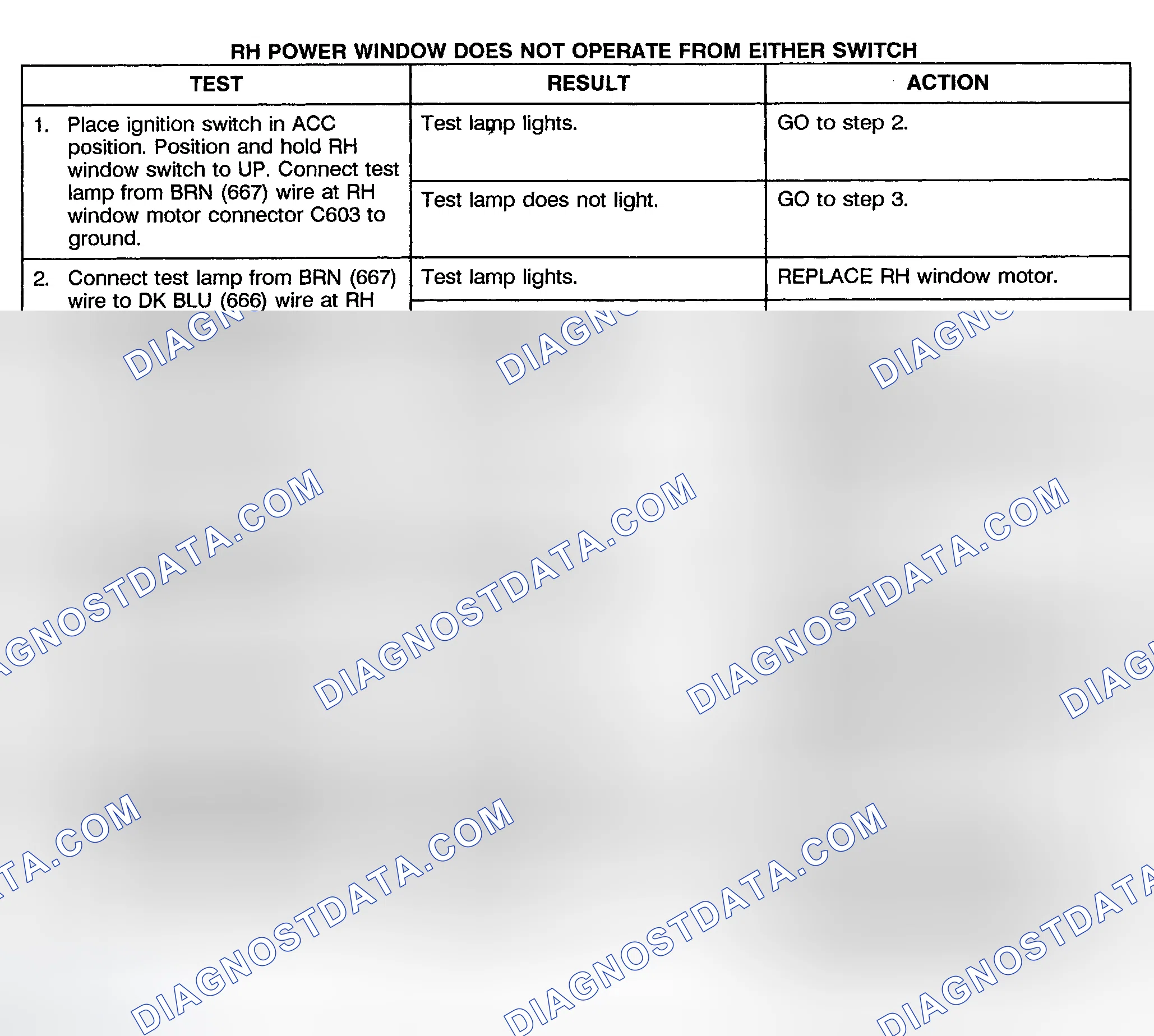 Scheme 4: TEST D: RIGHT POWER WINDOW DOES NOT OPERATE FROM EITHER SWITCH (2-DOOR & EXTENDED CAB)
