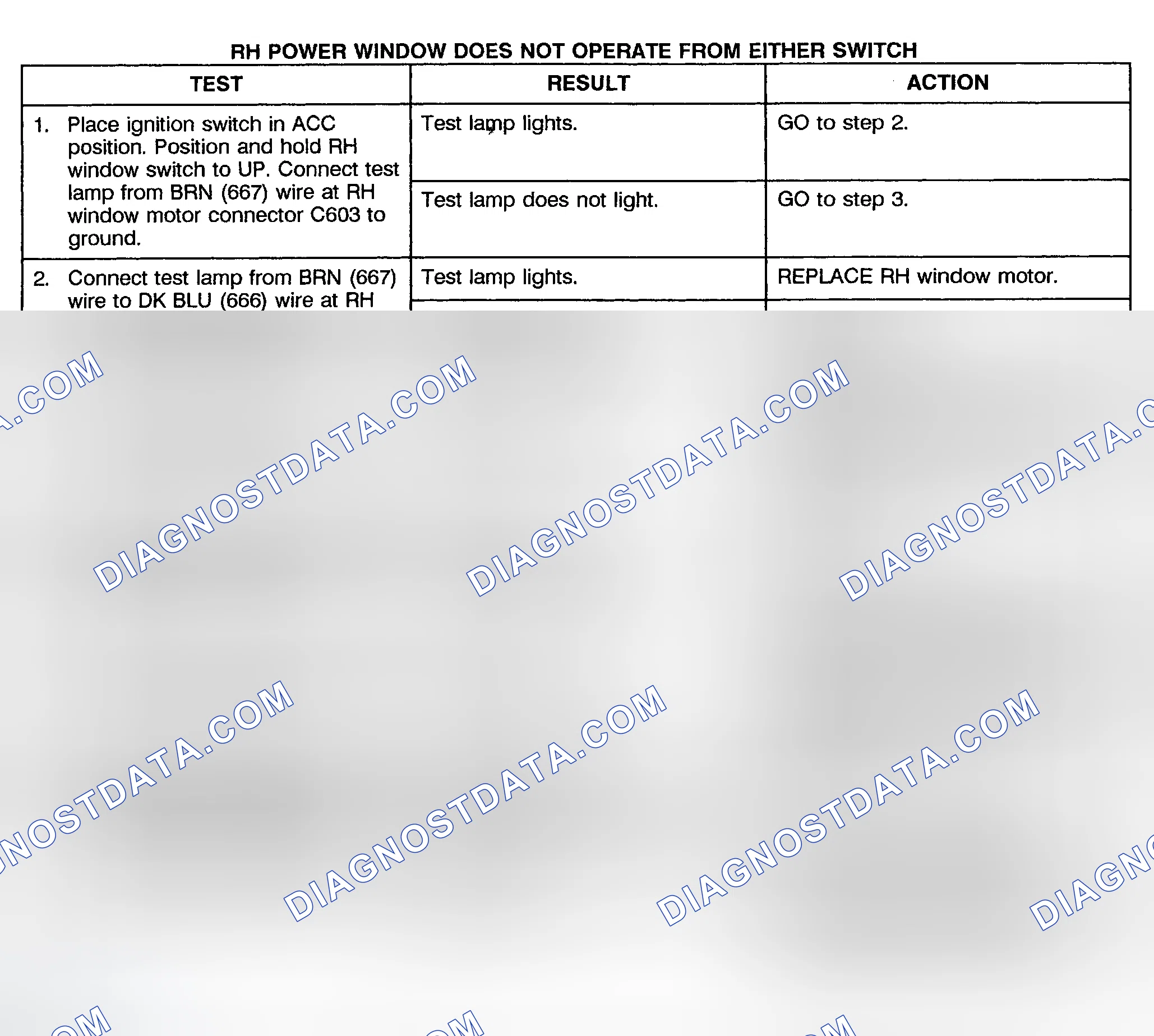 Scheme 4: TEST D: RIGHT POWER WINDOW DOES NOT OPERATE FROM EITHER SWITCH (2-DOOR & EXTENDED CAB)